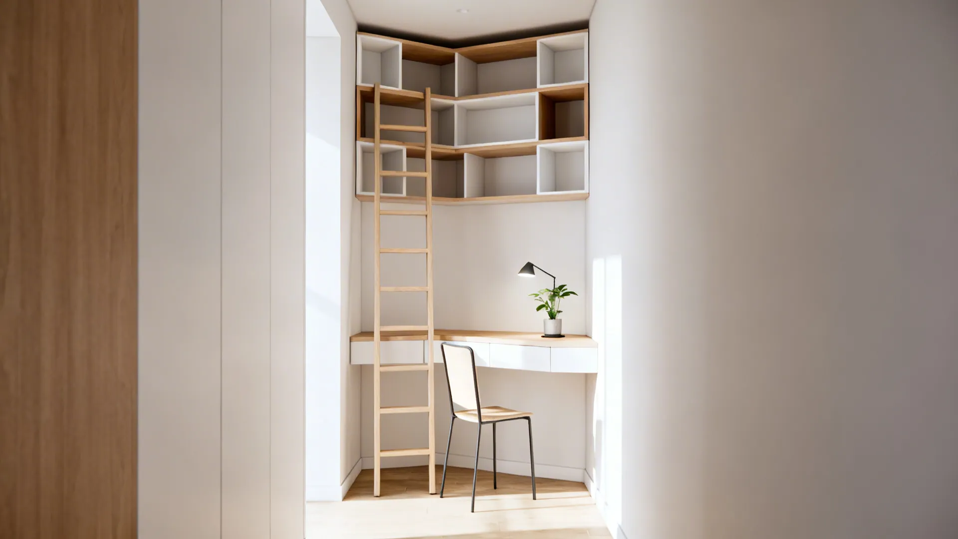 Ladder-style corner desk with stacked shelving in a narrow living room corner