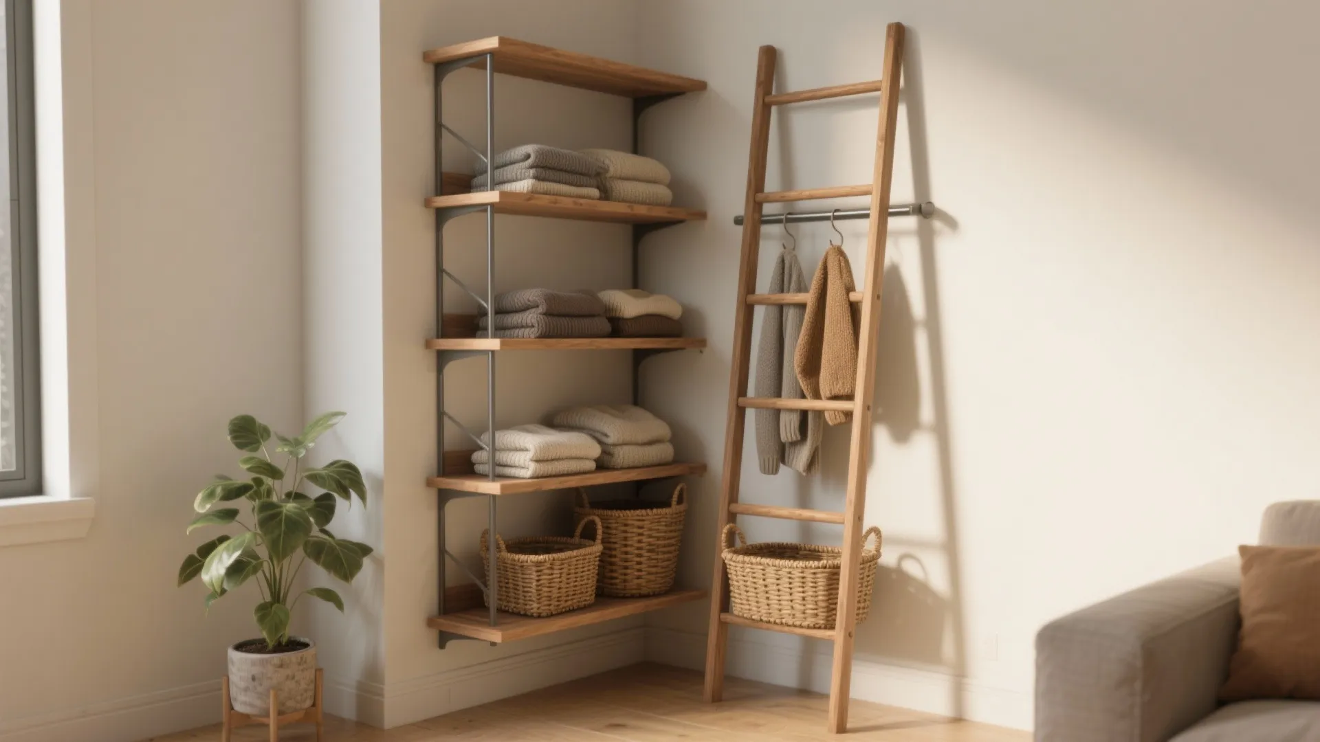 Wooden ladder towel rack and wall shelves with baskets for storage in a modern room
