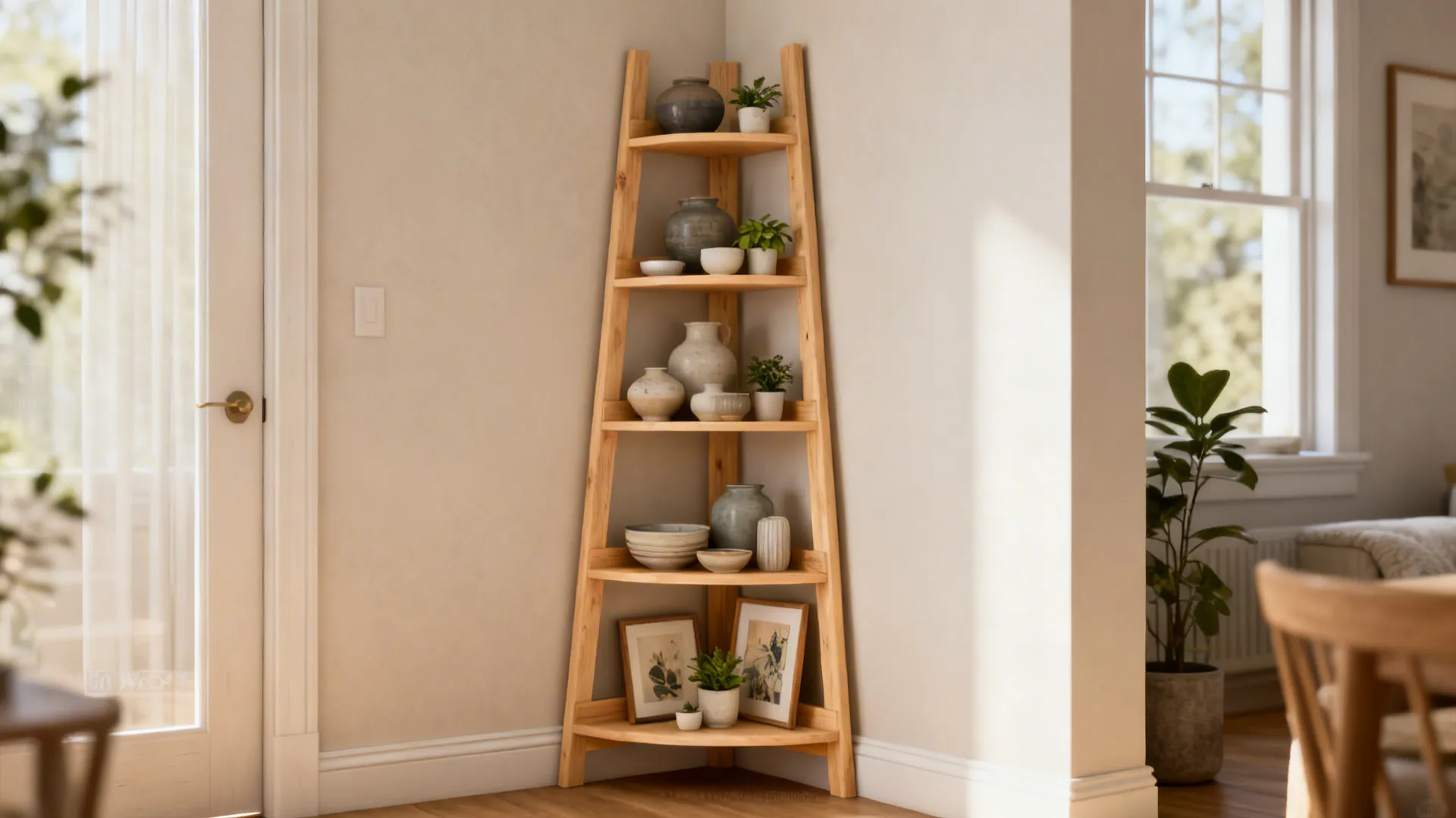 Corner ladder shelf in a living room layered with decor and plants to maximize vertical corner space