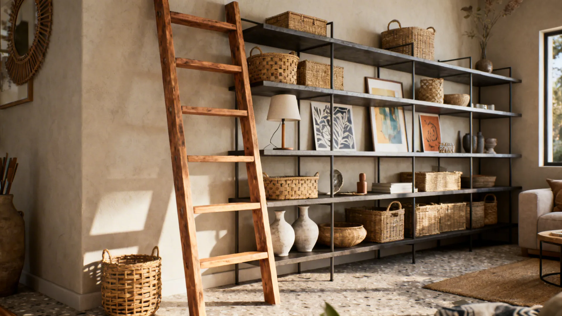 Large black metal shelf unit with wooden ladder and woven baskets in a bright room