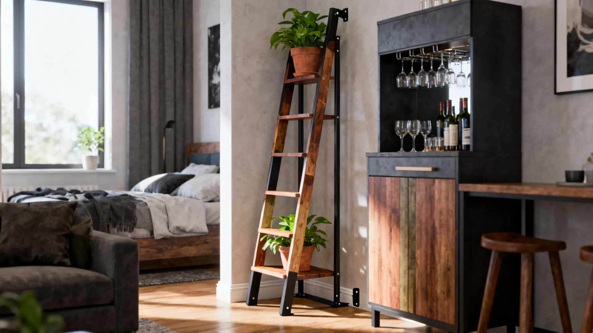 Wooden ladder shelf with green plants placed next to a dark cabinet and wine glasses