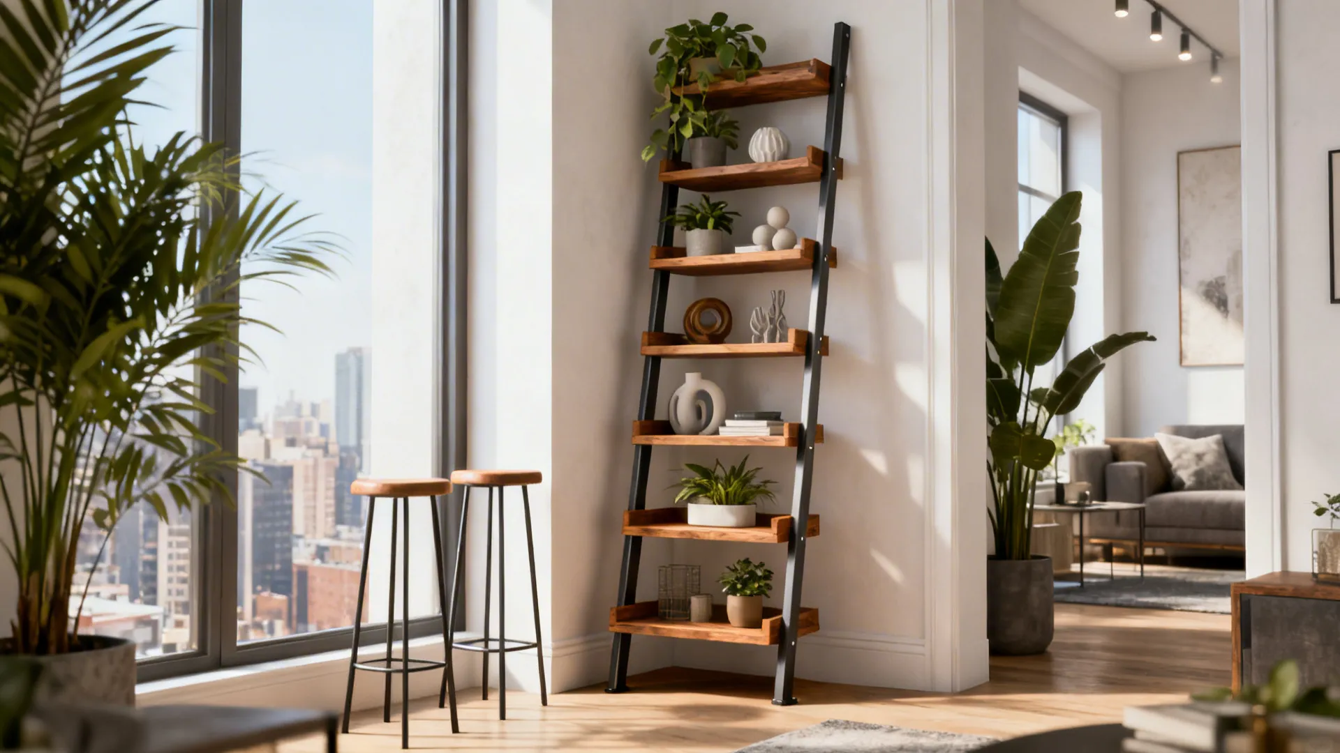 Corner ladder shelf in a small living room with plants and stools.