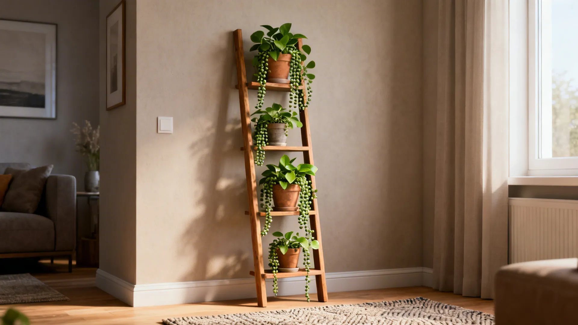 Wooden corner ladder shelf holding staggered pots with trailing pothos in a small living room corner.