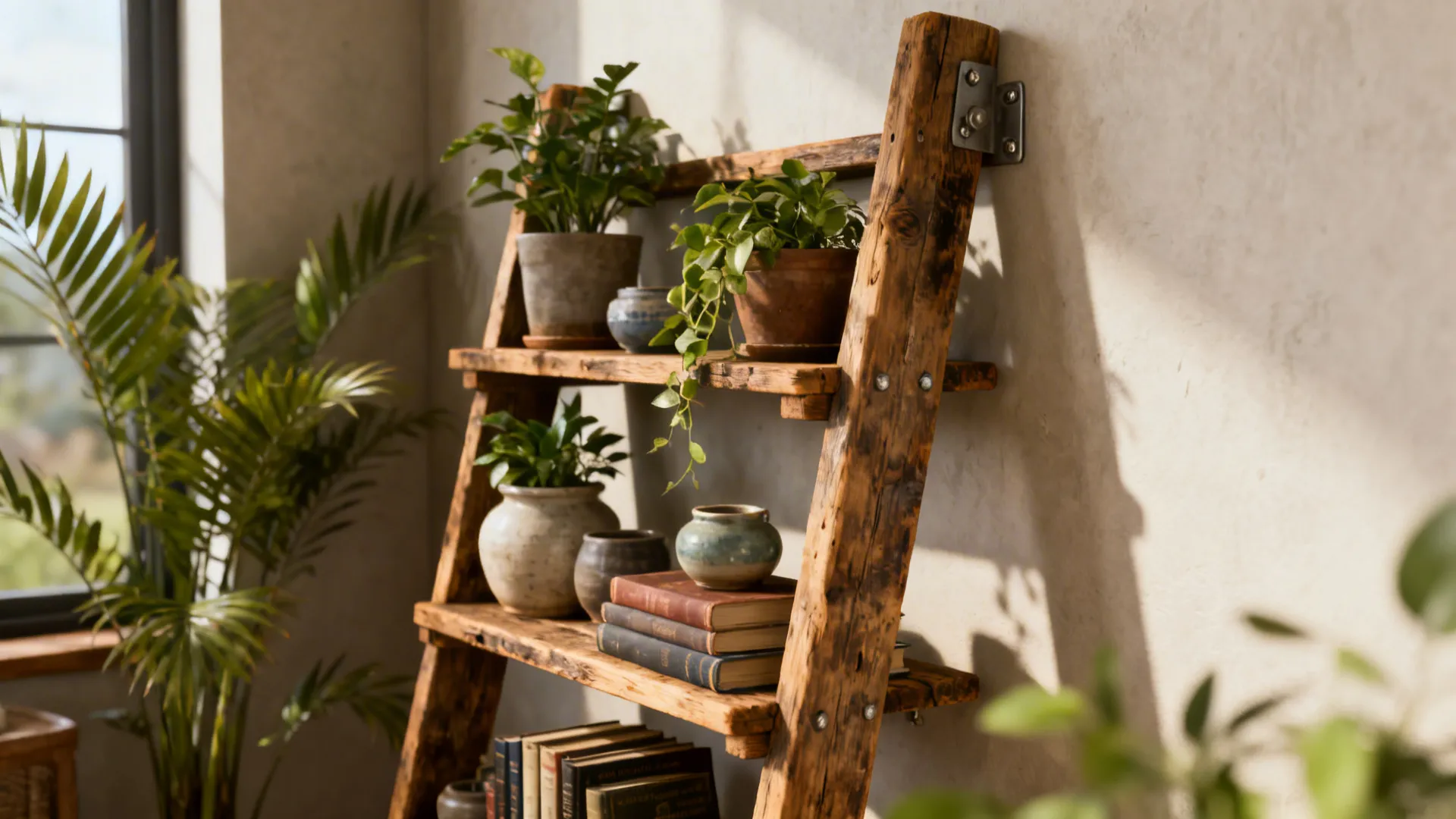 Rustic wooden ladder shelf leaning against wall with green plants books and small ceramic pots