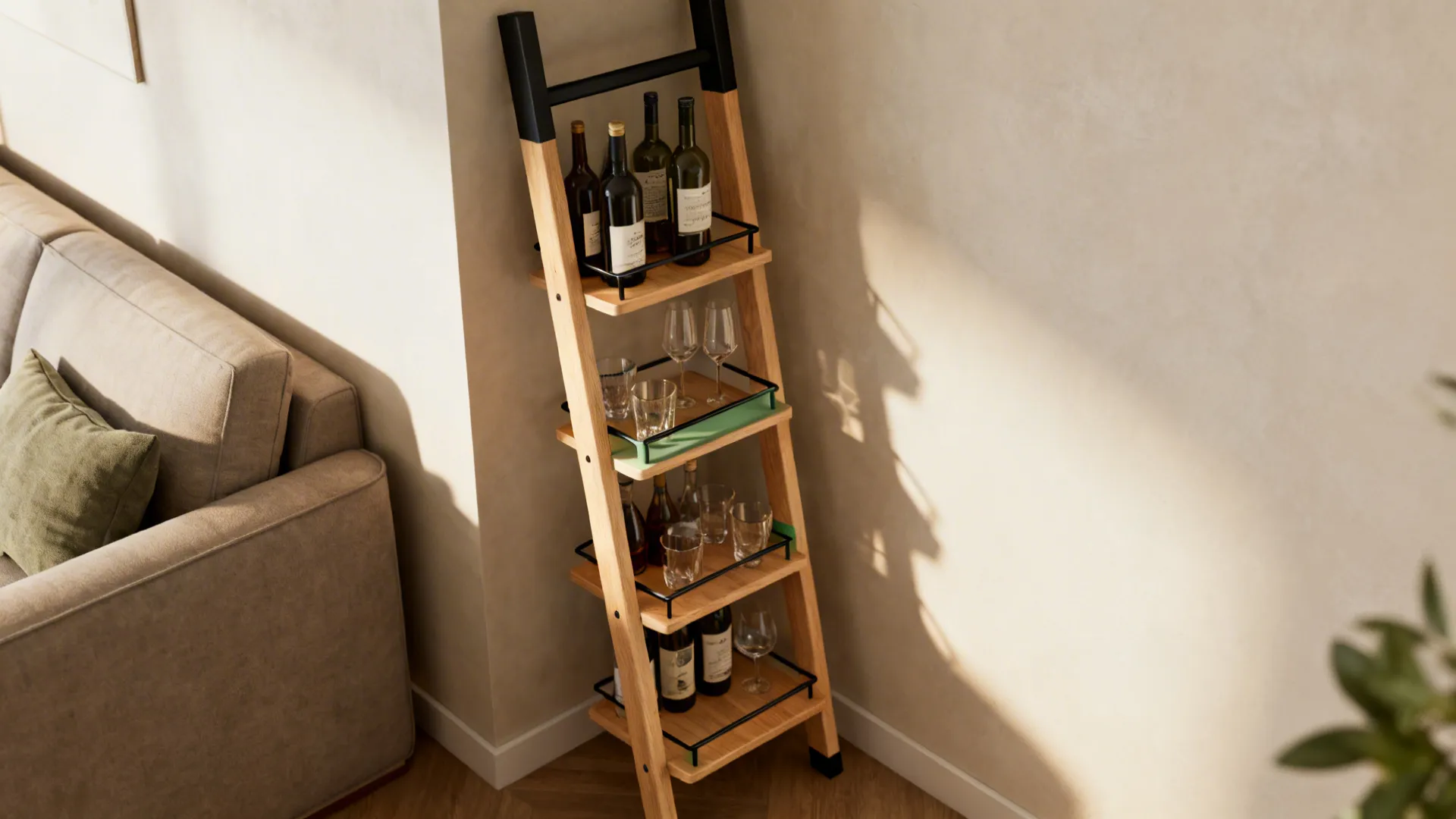 Slim ladder shelf in a corner used as a vertical bar with bottles and glassware secured by rails.