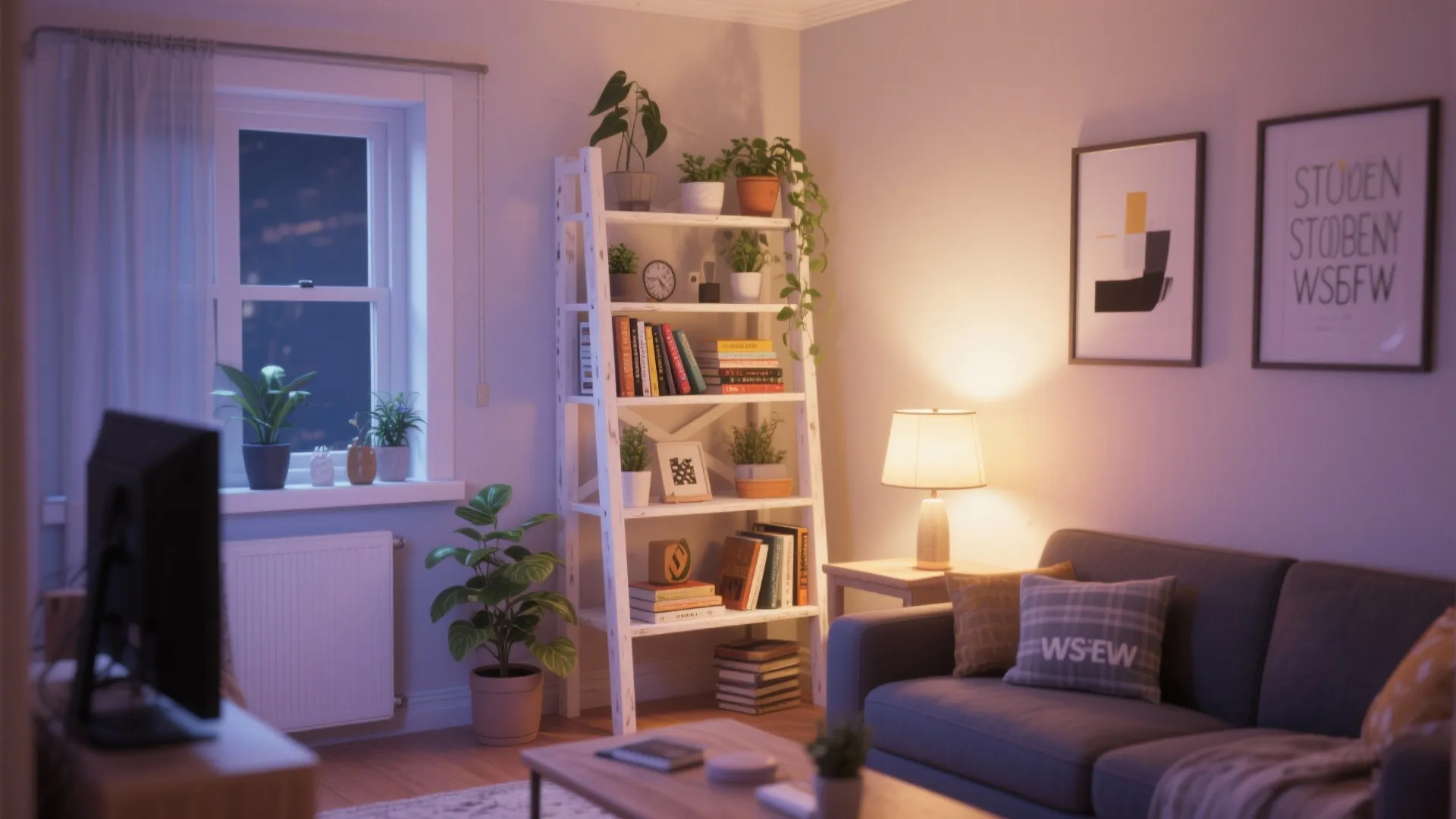 White ladder shelf with books and green plants next to grey sofa and warm table lamp