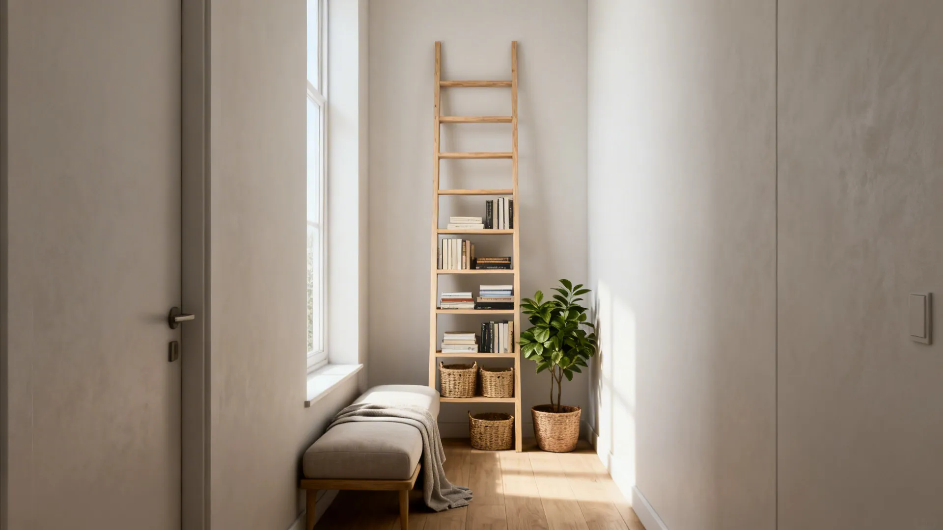 Leaning ladder shelves in a narrow corner behind a sofa holding books and baskets