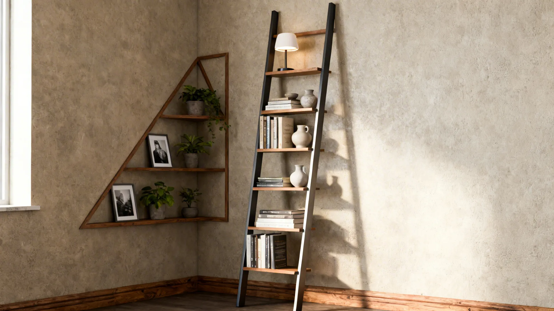Corner shelving and ladder-style leaning unit holding books, plants and decor
