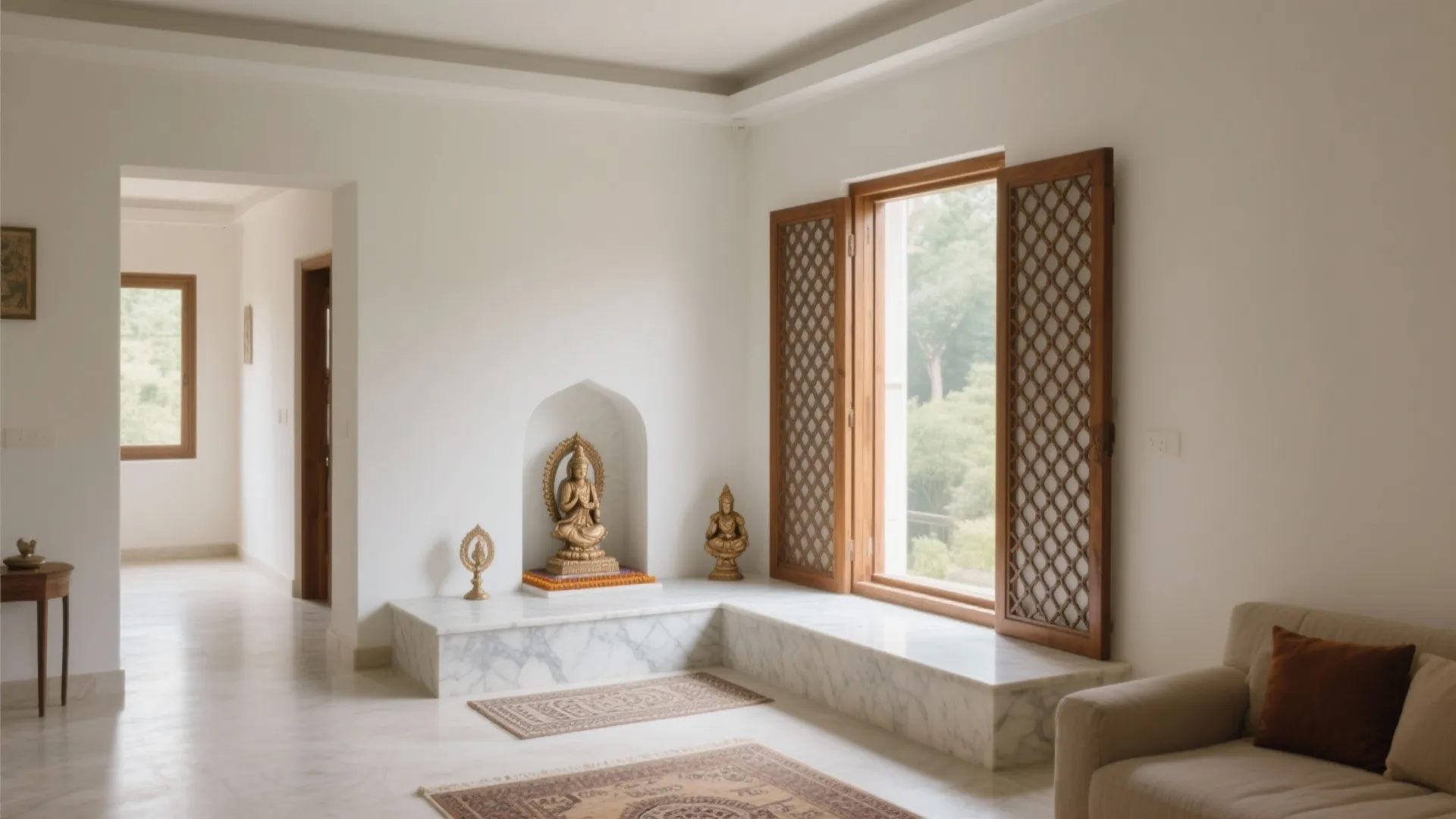 Bright white room featuring wooden lattice windows and a marble platform with small gold buddha statues