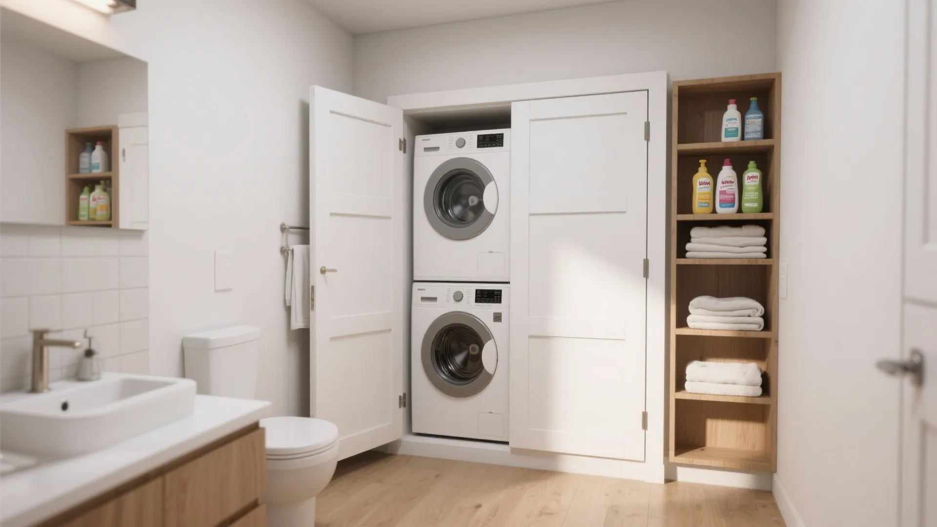White washer dryer stacked in closet next to wooden shelves with detergent and folded towels