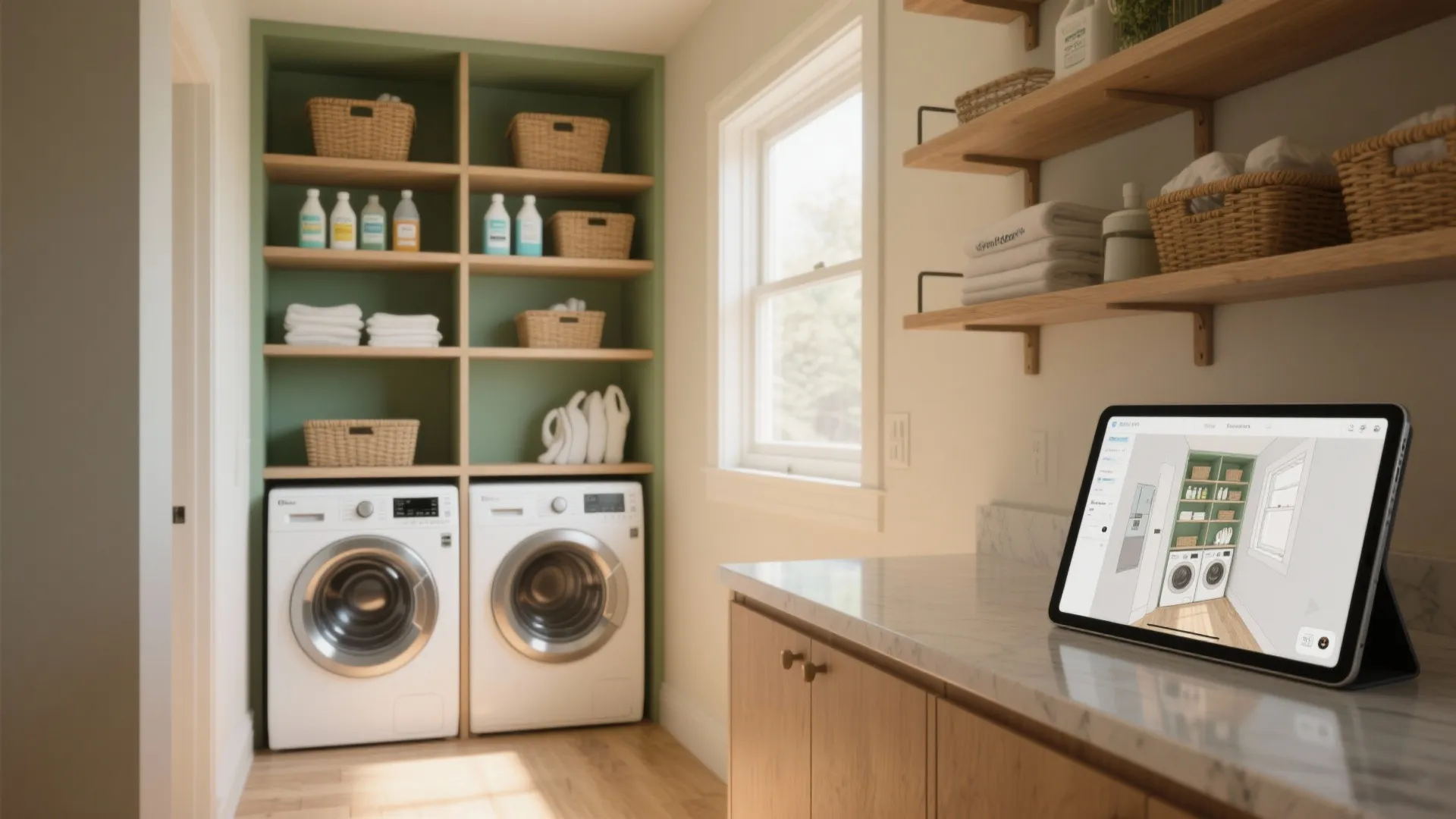 Small laundry room with washing machine built into wood cabinet plus woven baskets and plants