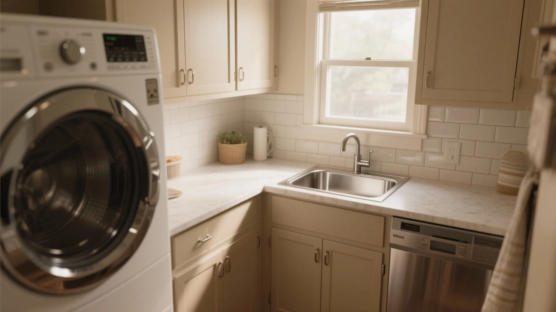 Modern laundry room with washing machine marble countertop metal sink beige cabinets and white tiled wall