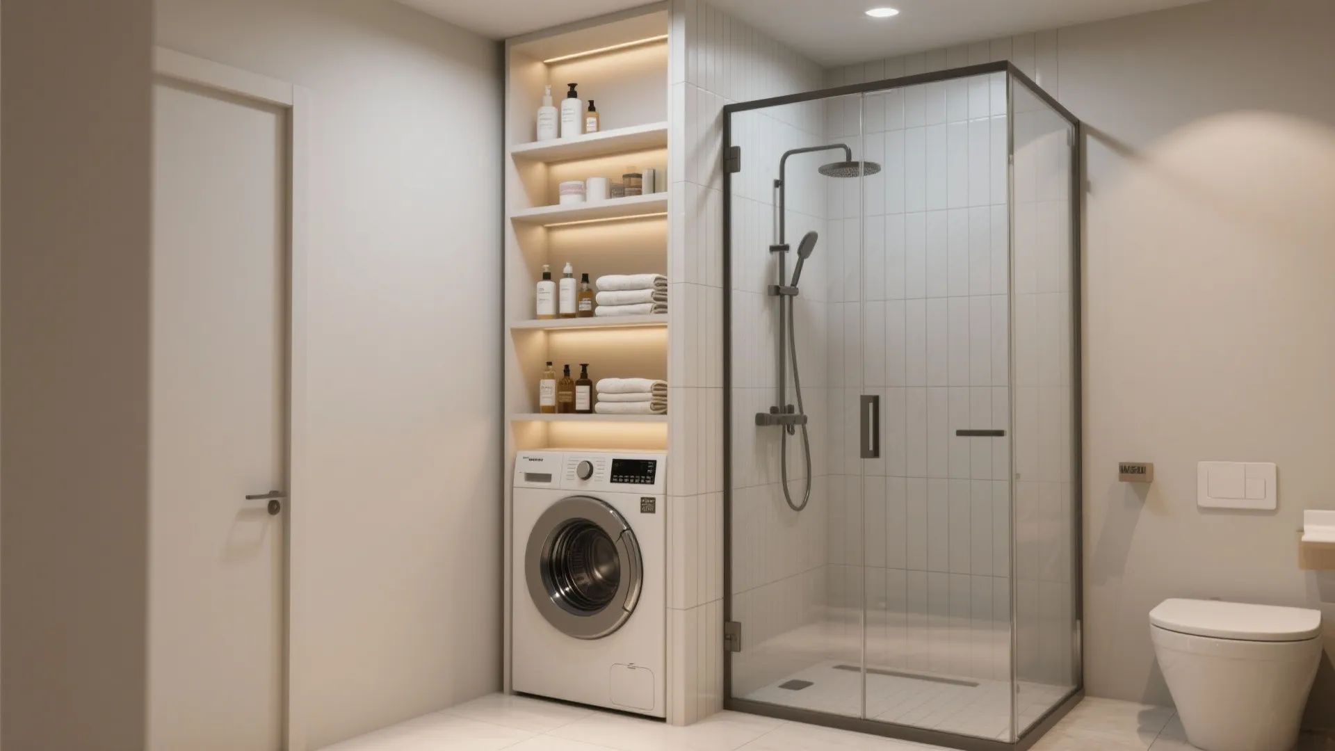 4. Corner Laundry Tower Beside a Walk-In Shower