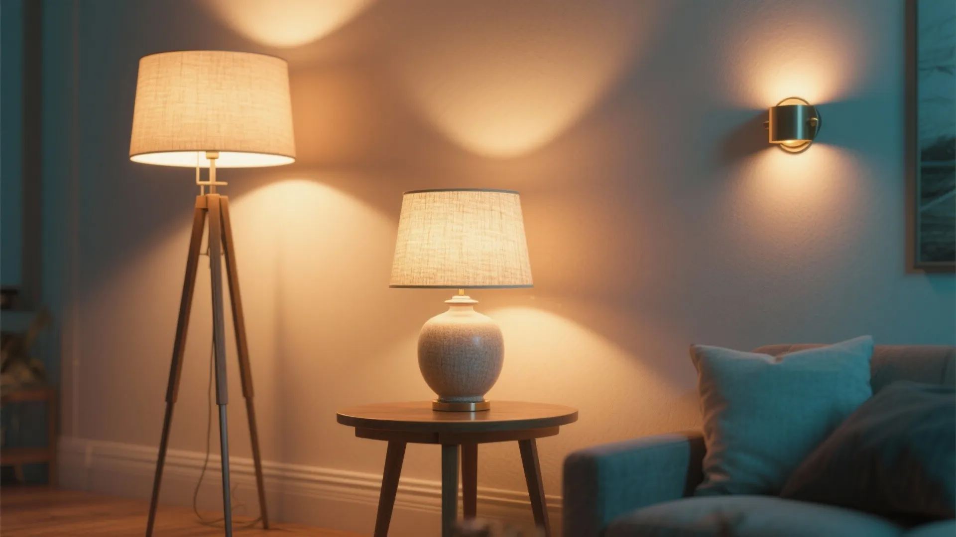 Living room corner with a floor lamp table lamp and wall light creating warm layered
