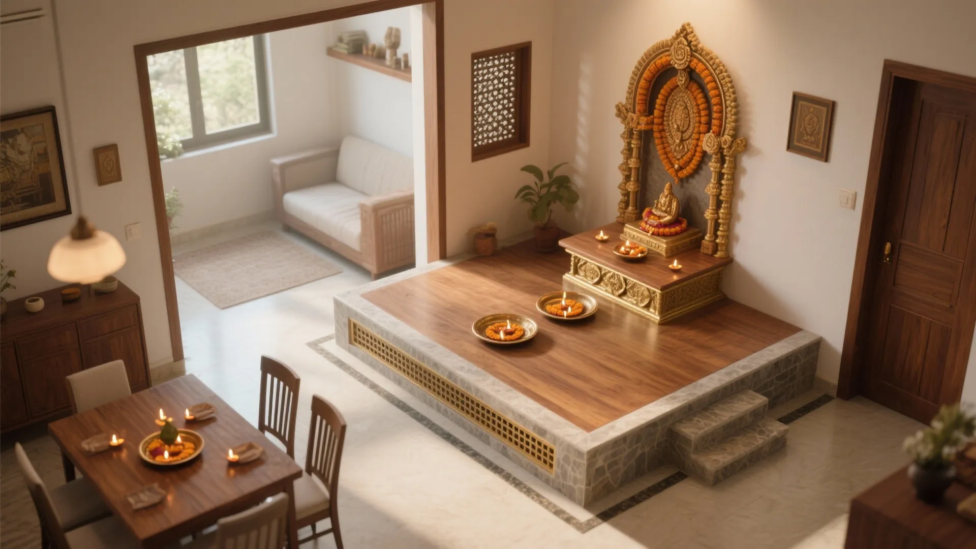 Corner Mandir Layout with L-Shaped Platform