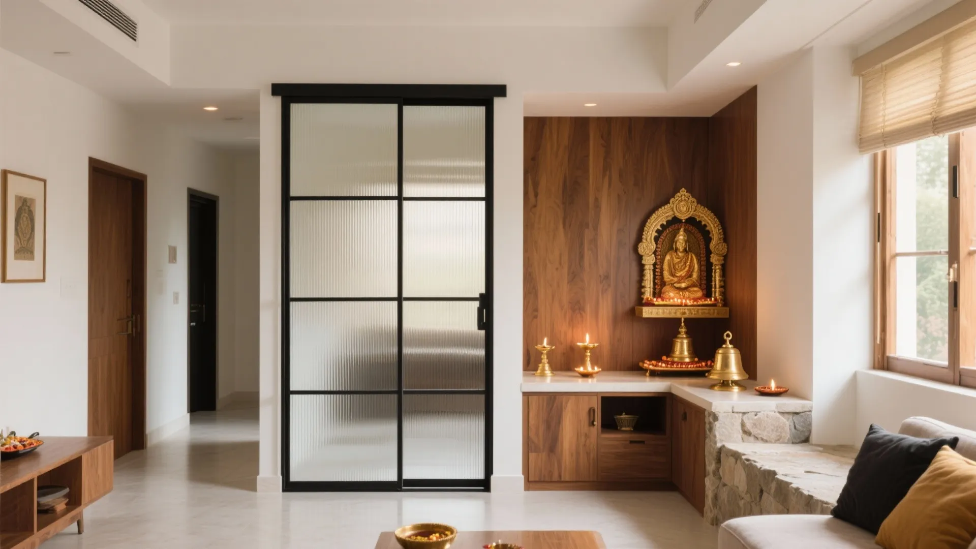 L-shaped pooja corner with fluted glass sliding partition, teak backdrop, stone ledge, and brass accents, airy and intimate.