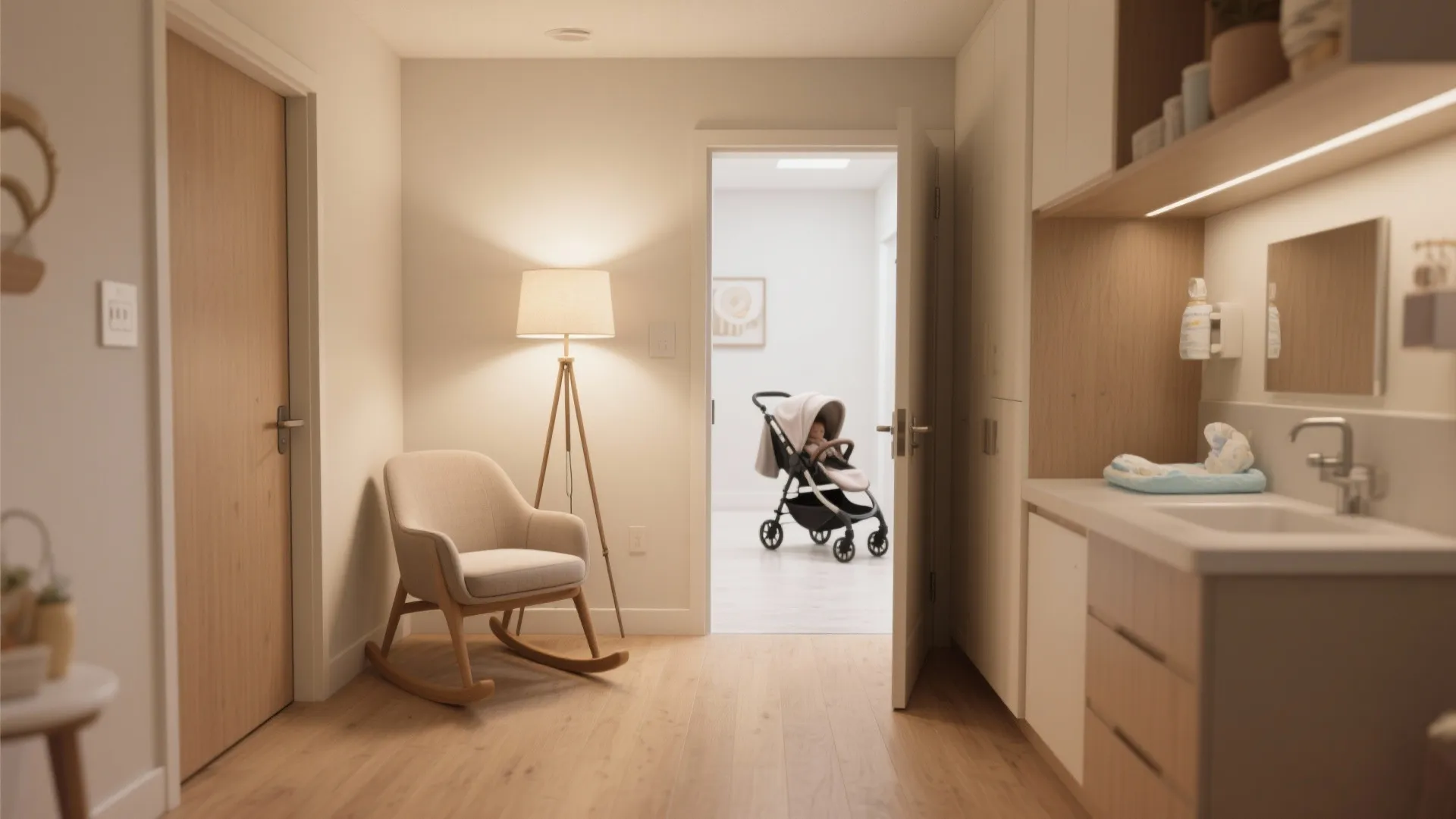 Bright hallway with wooden floor featuring rocking chair floor lamp and stroller in next room