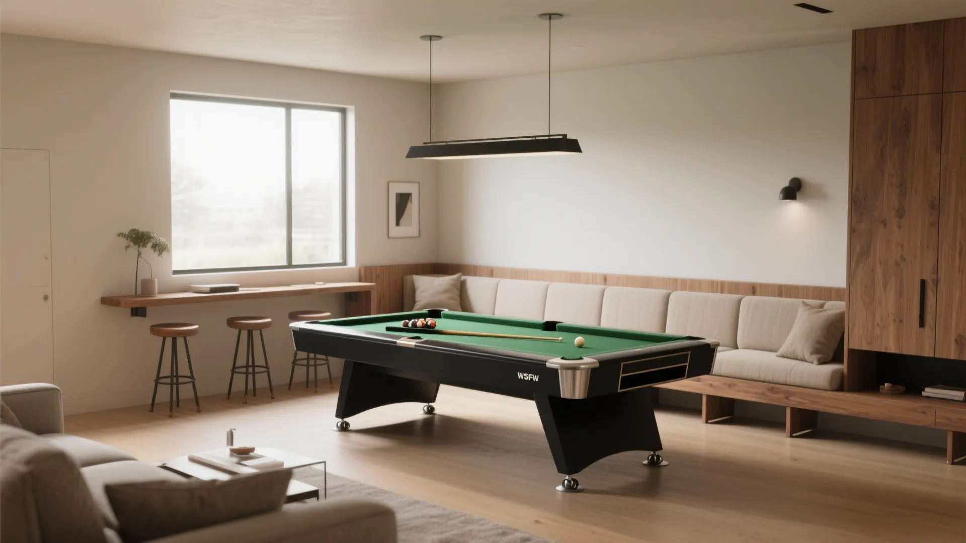 Modern game room with green pool table long wooden bench black ceiling light and natural light