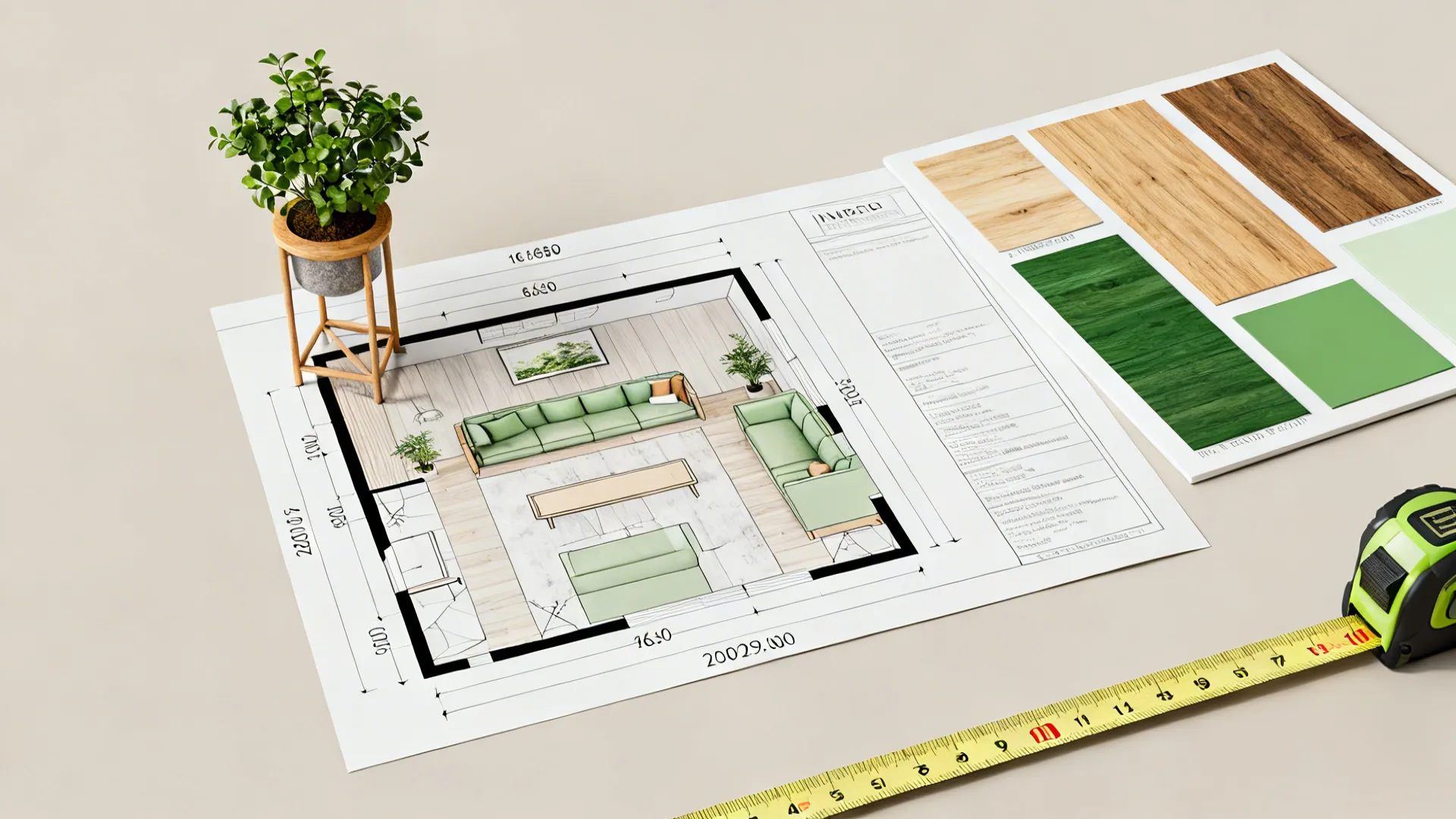 Top-down room planner mockup showing measurements and a scaled corner plant stand