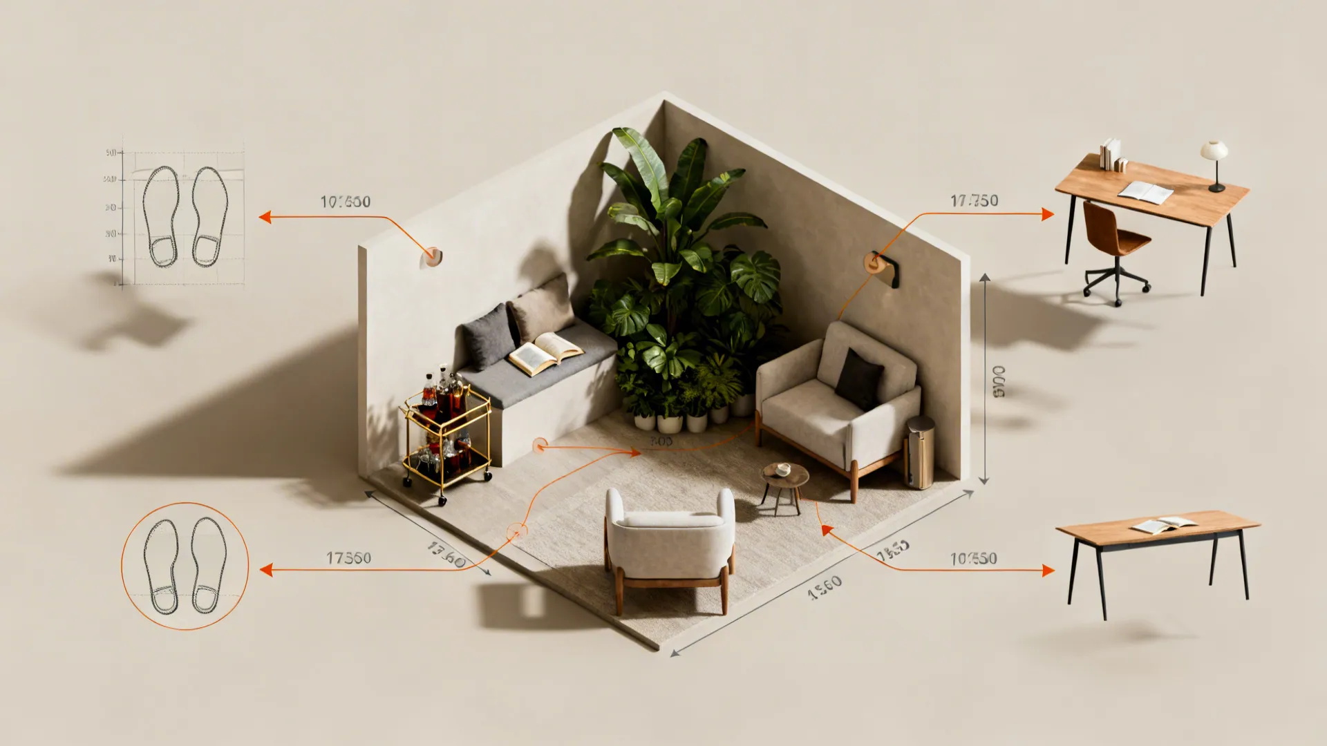 Top-down layout showing several corner layout options with scaled furniture footprints and circulation arrows.