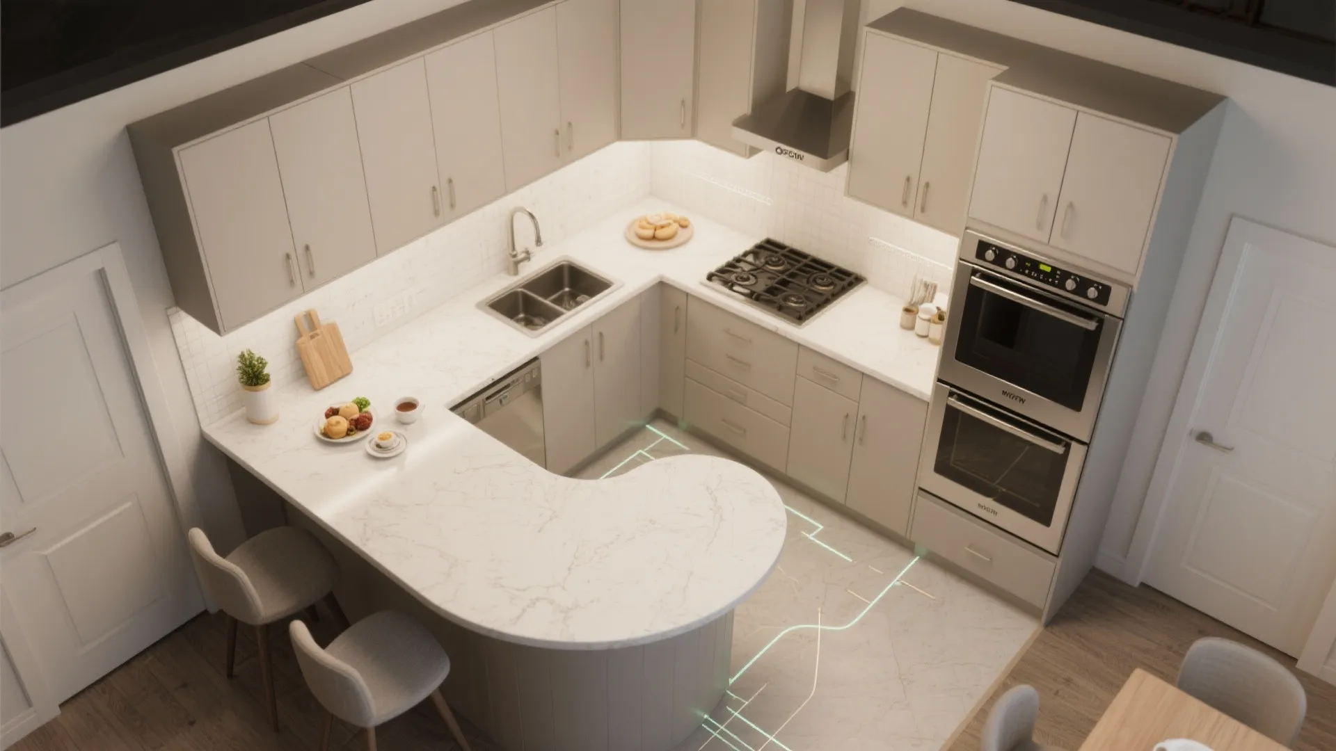 Top-down 3D layout mockup showing corner kitchen options: diagonal counter, Lazy Susan, appliance stack, breakfast nook and angled peninsula.