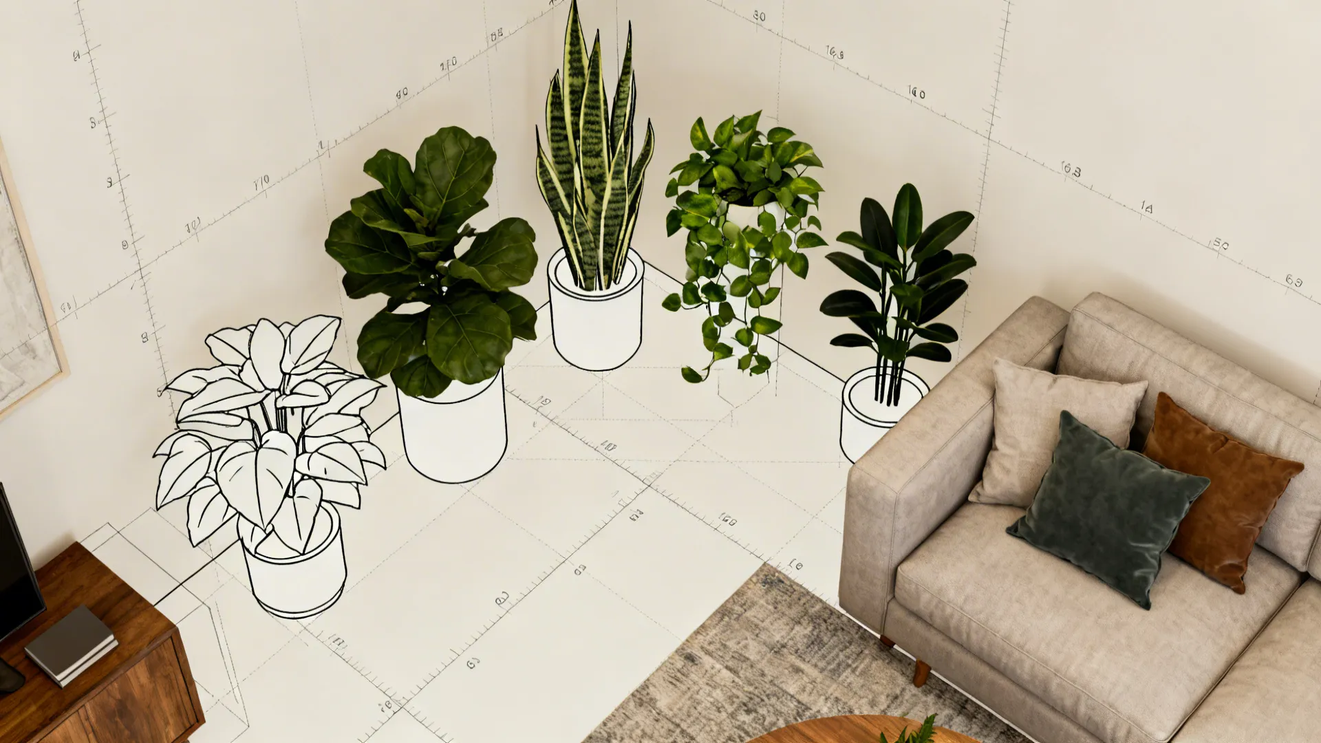 Top-down mockup showing plant placement and furniture sightlines for a small living room corner.