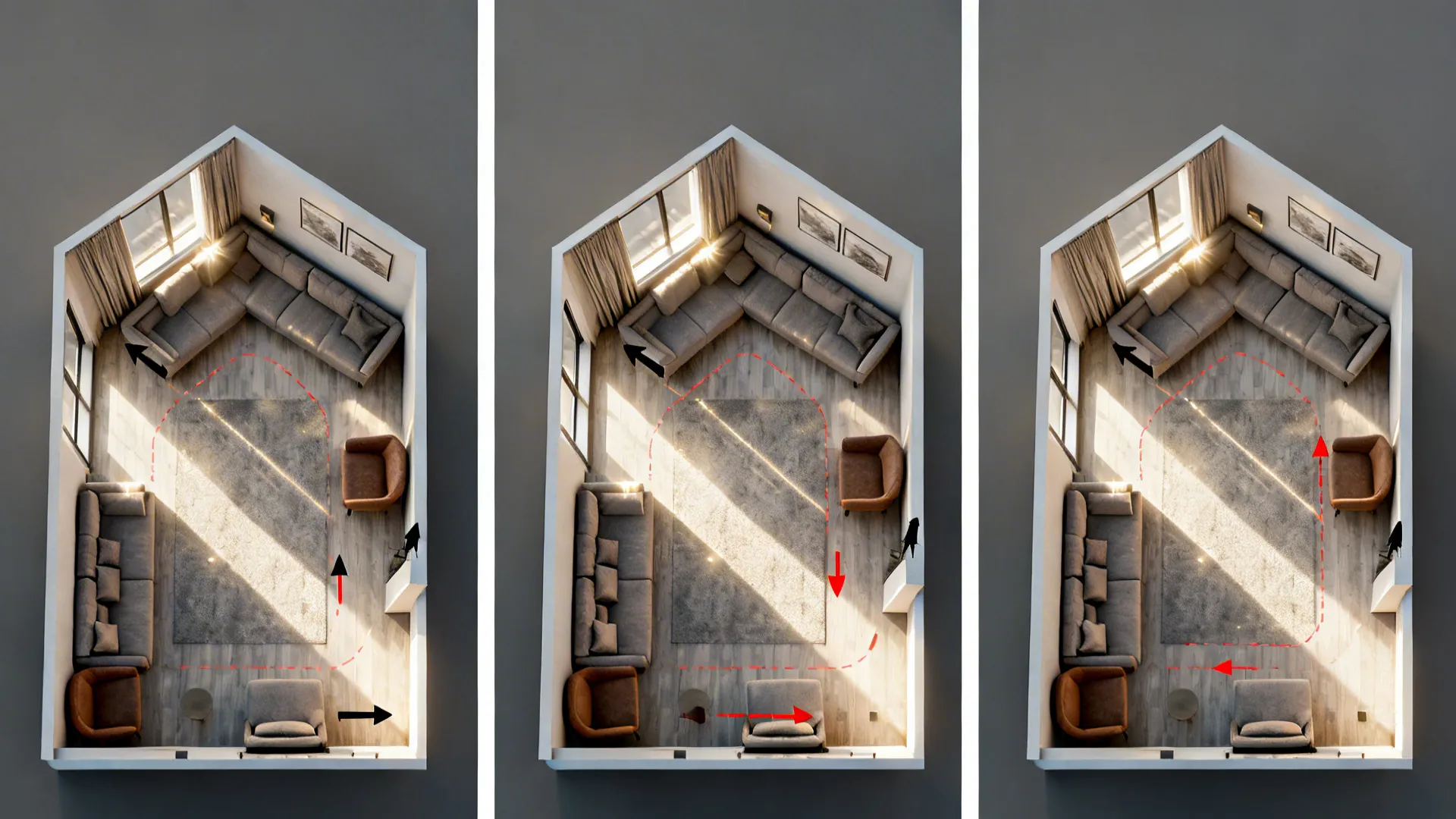 Top-down collage of small living room corner layout options emphasizing circulation