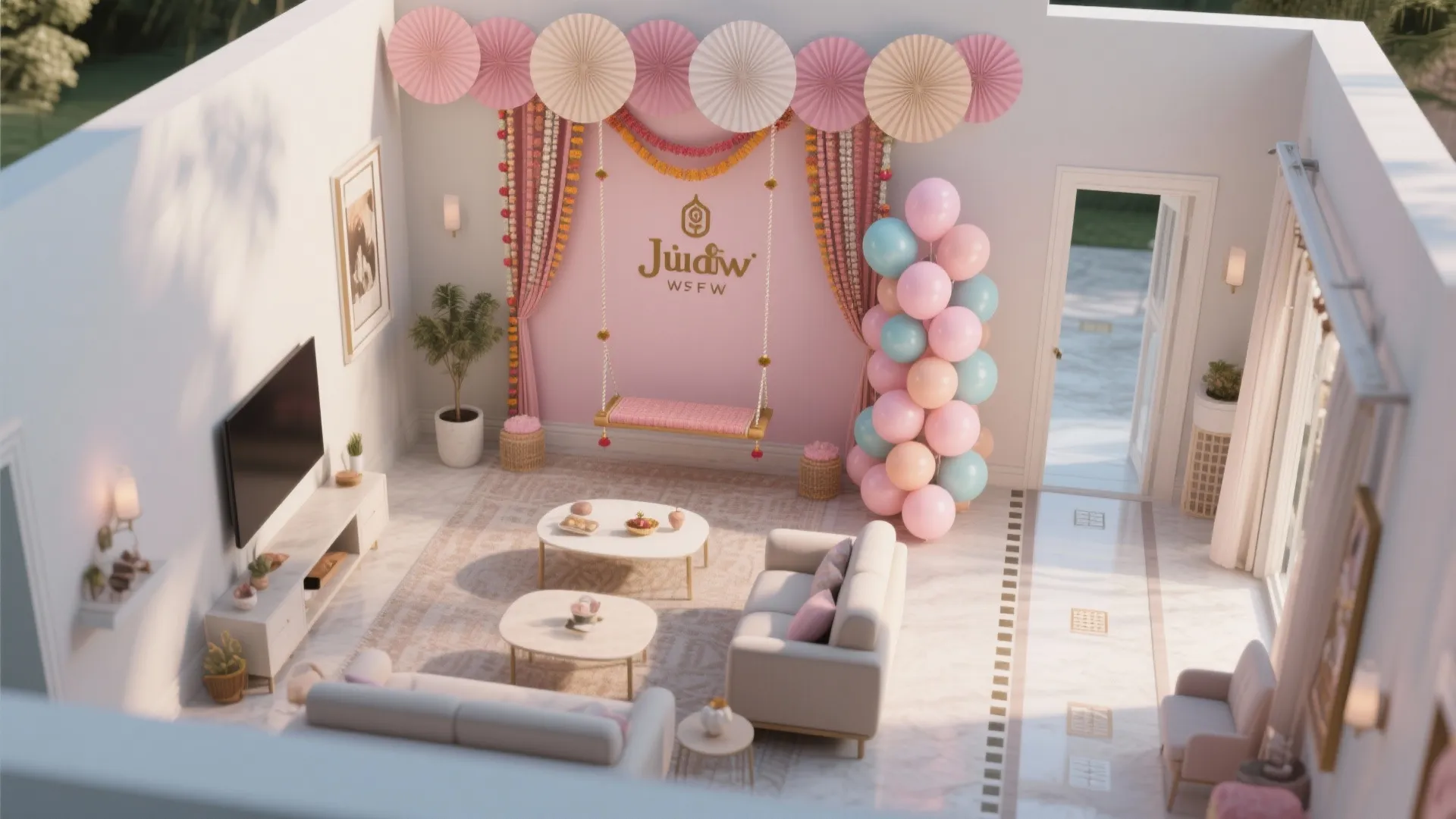 Pastel Balloons, Paper Fans, and an Airy Corner Flow