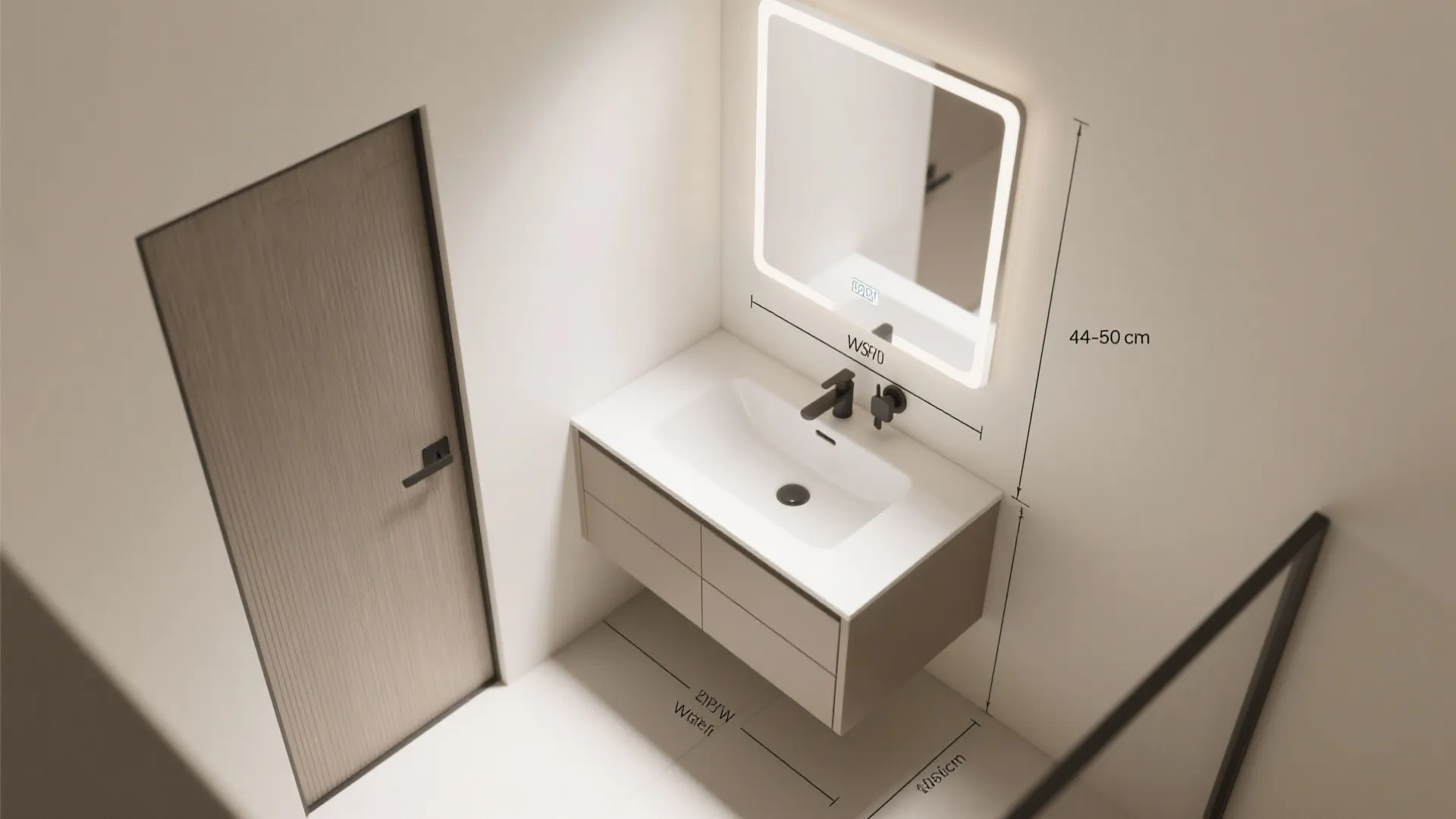 Top view of bathroom sink cabinet and lighted mirror with dimensions for small room layout