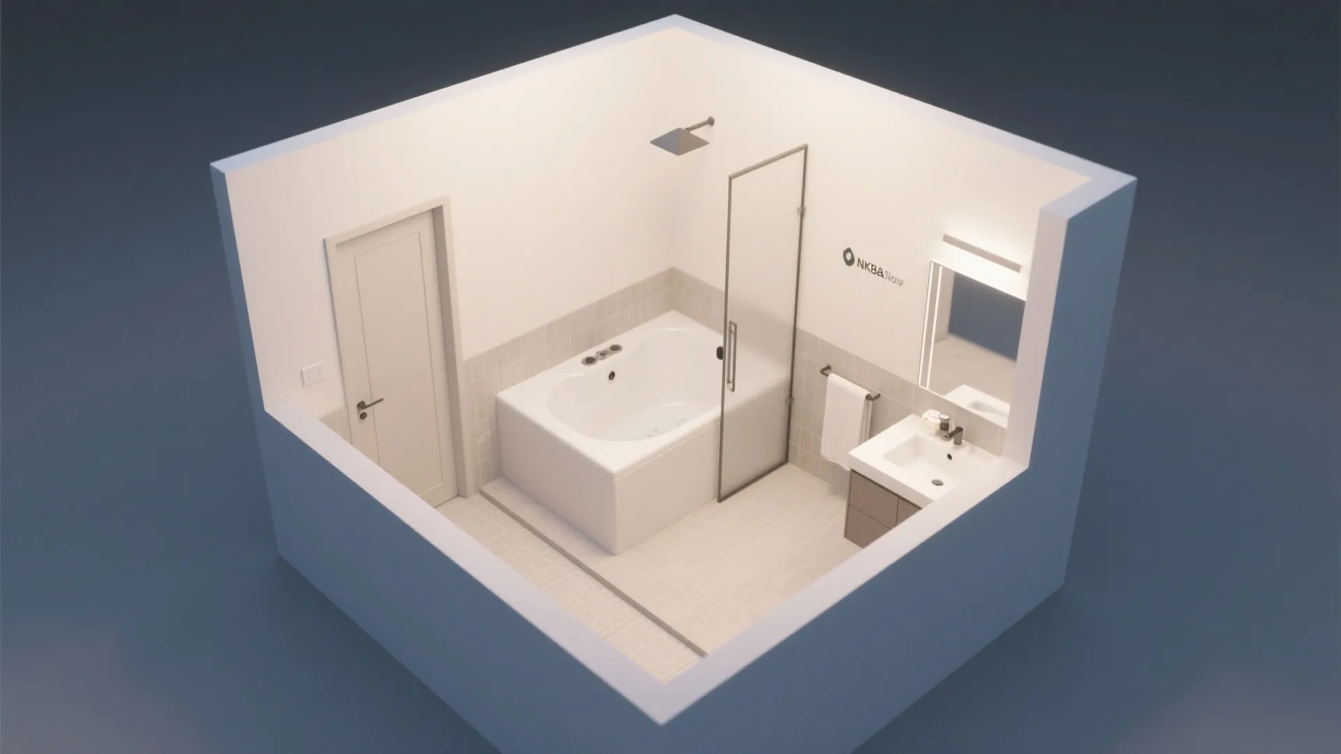 Top-down plan shows corner tub placement preserving clear circulation.