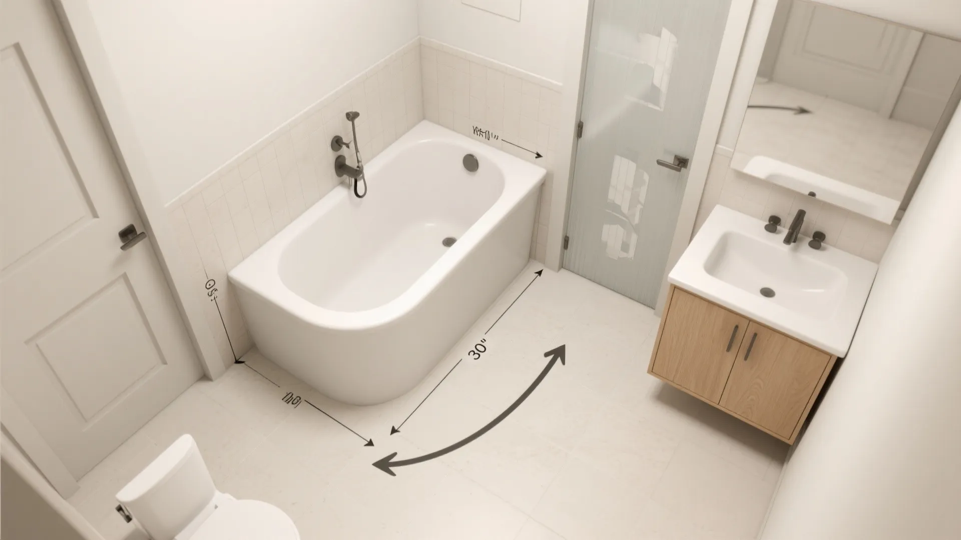 Corner tub to clear the main walkway