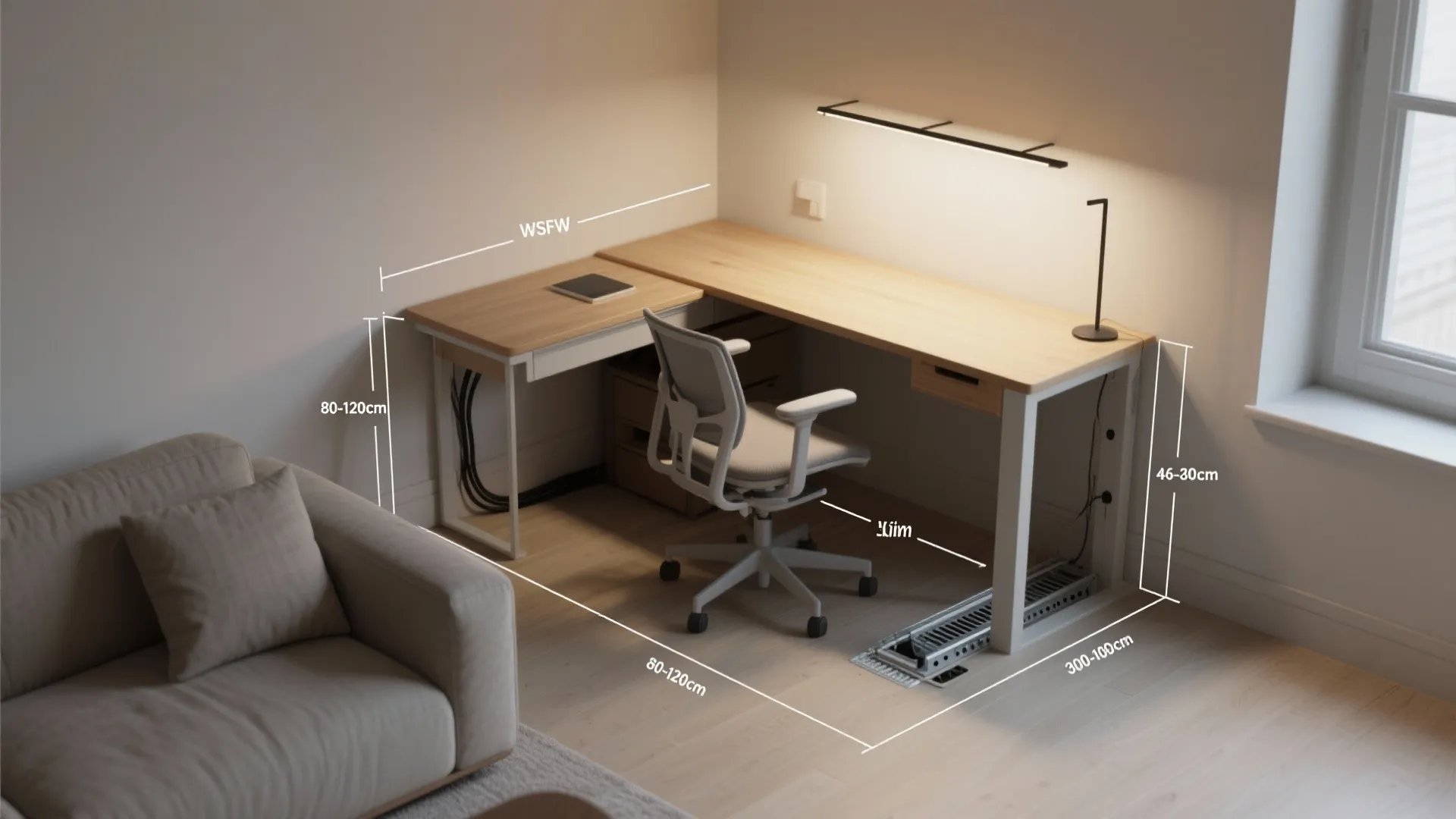 Corner home office with wooden desk and white chair showing floor measurements and room layout