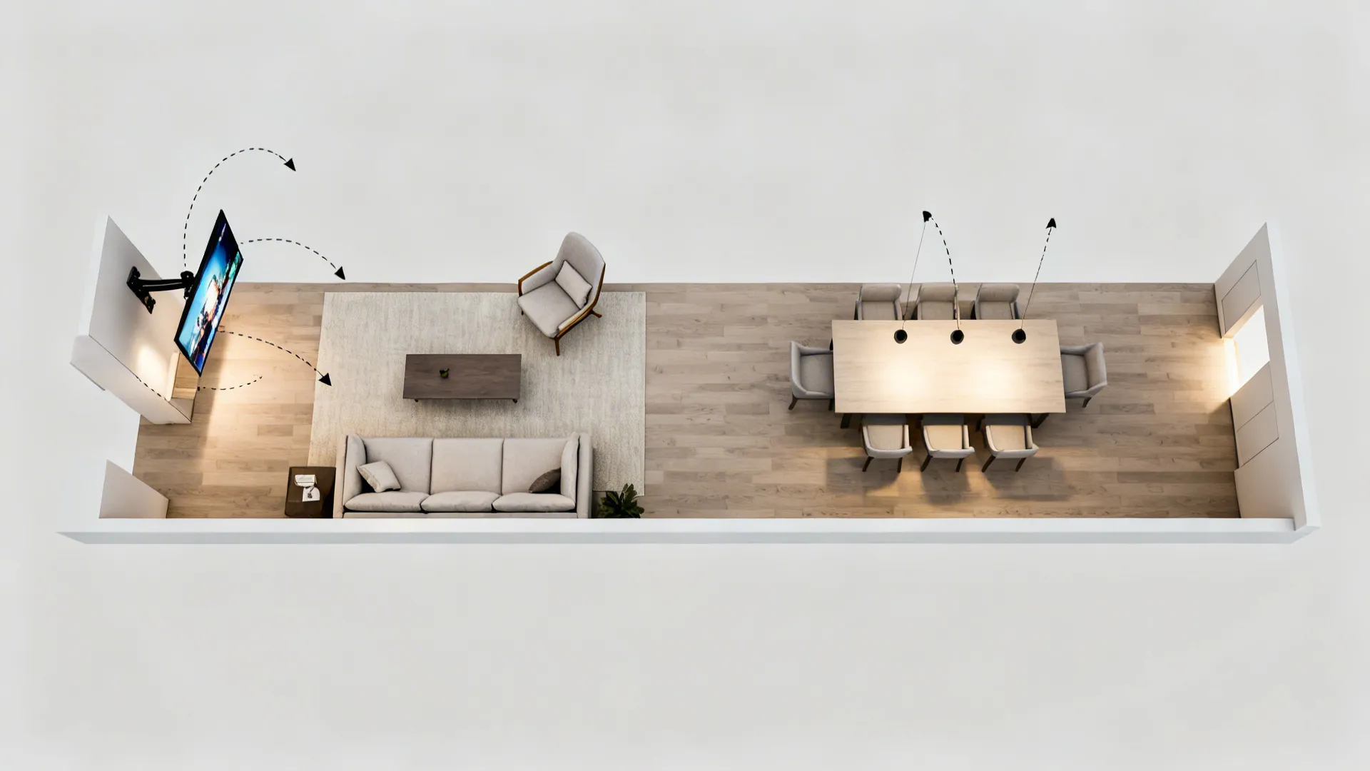 Top-down layout showing a corner-mounted TV with swing range between sofa and dining zones.