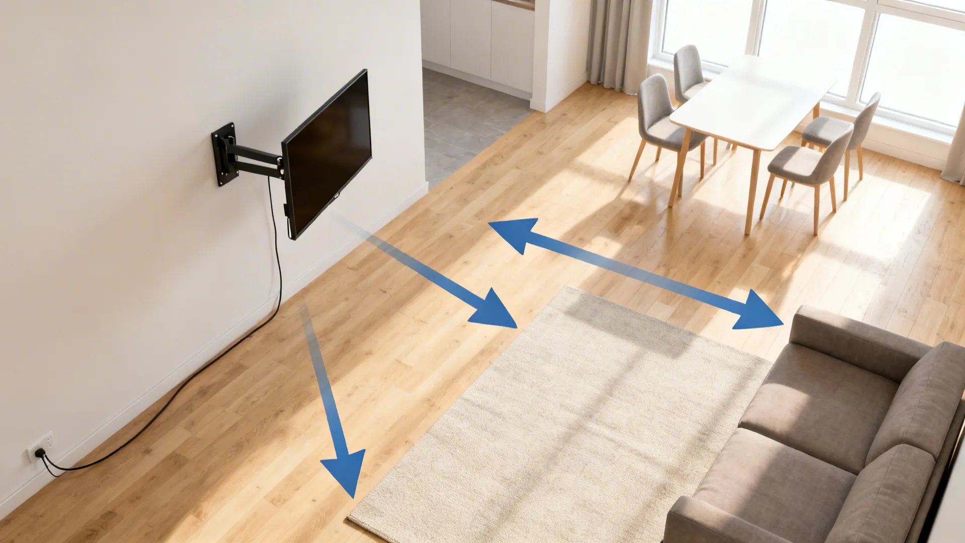 Top-down plan of a corner TV on a swivel arm serving living and dining zones.