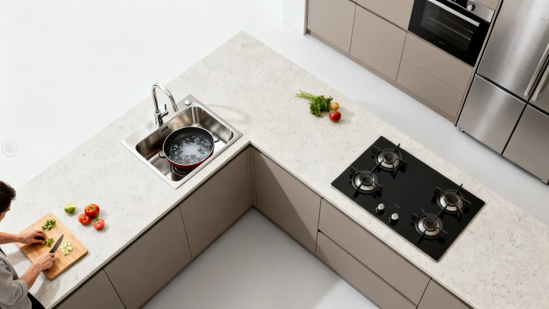 Top-down L-shaped layout showing a corner sink soaking a pan and clear prep zones nearby.