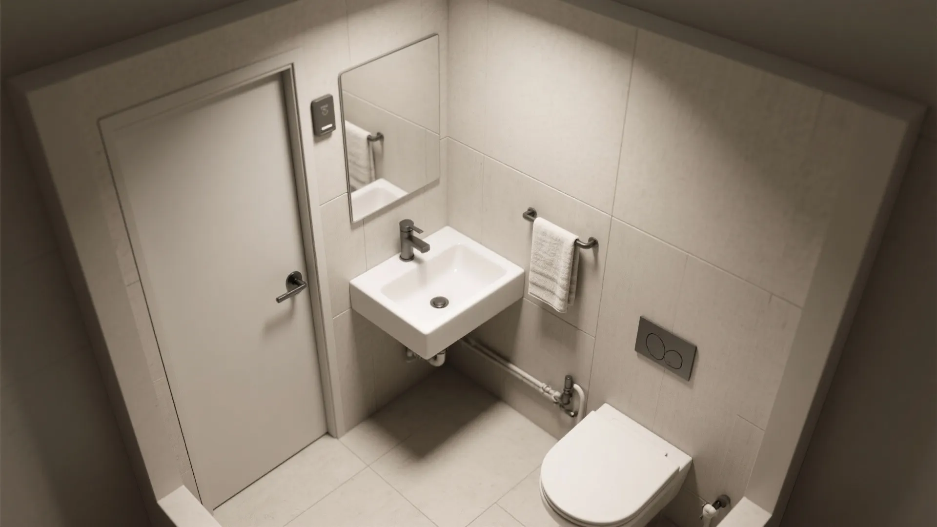 Top view of a small bathroom with white sink toilet and mirror on tiled walls