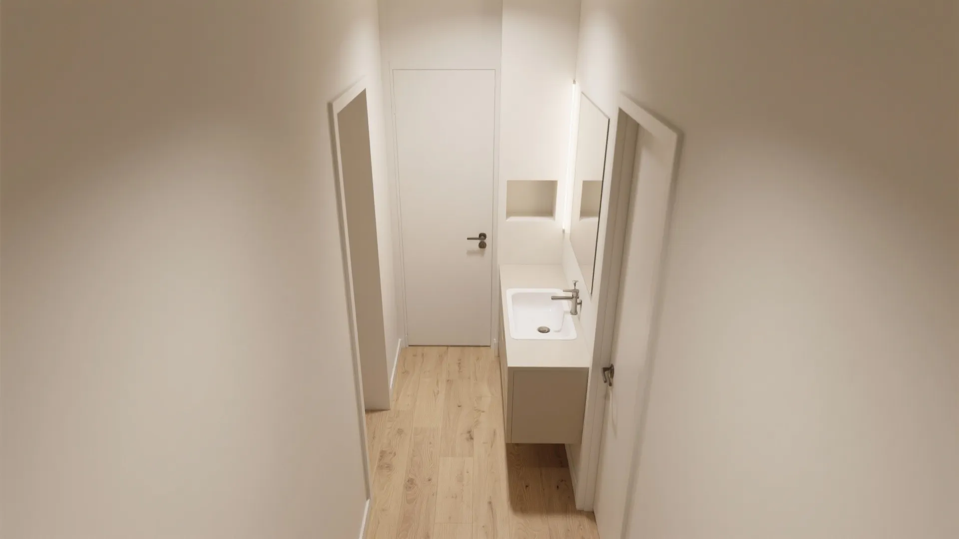 Narrow hallway interior design featuring white wash basin cabinet mirror and light wood floor layout