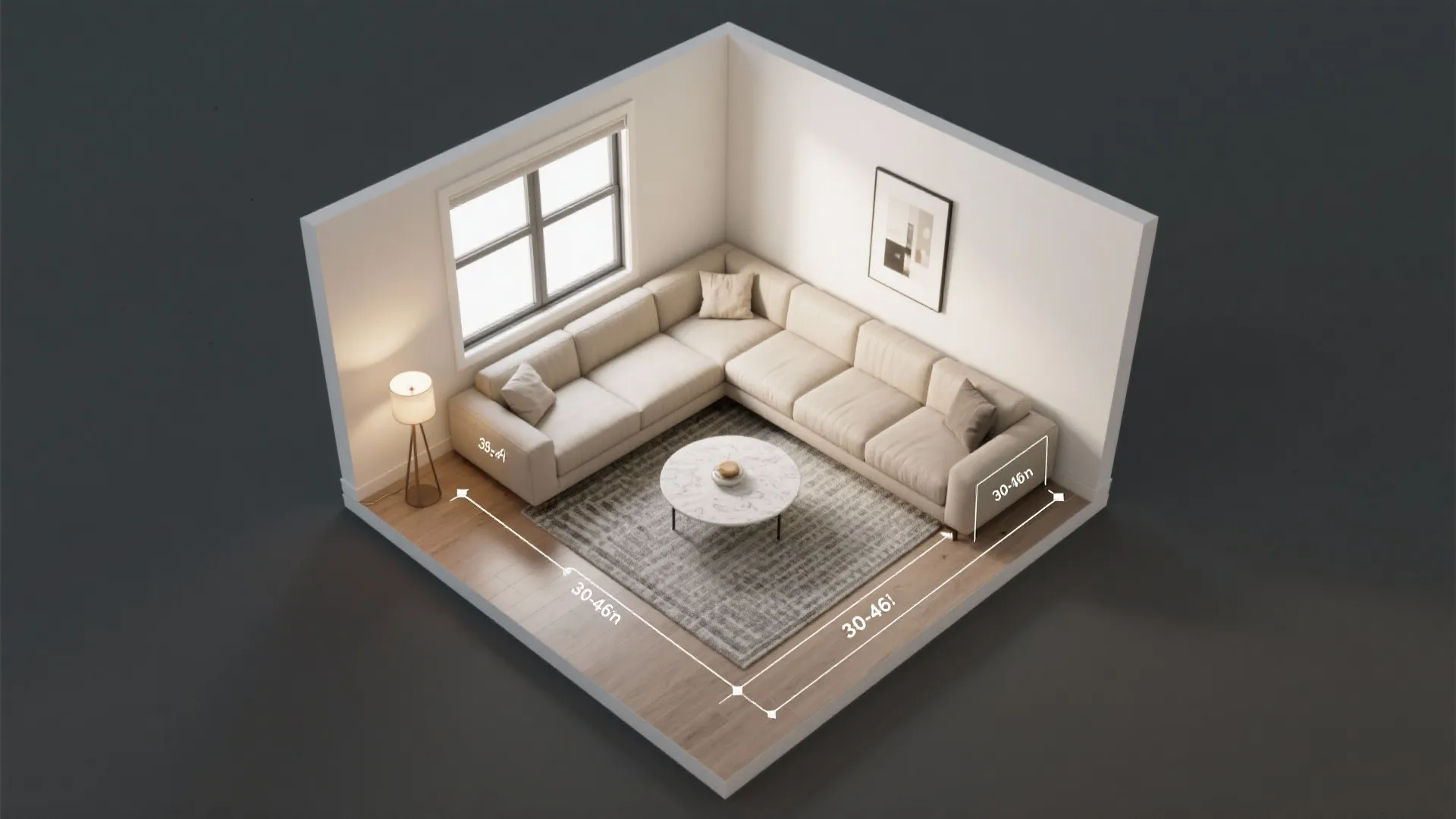 Top-down layout showing corner sectional with generous center clearance.
