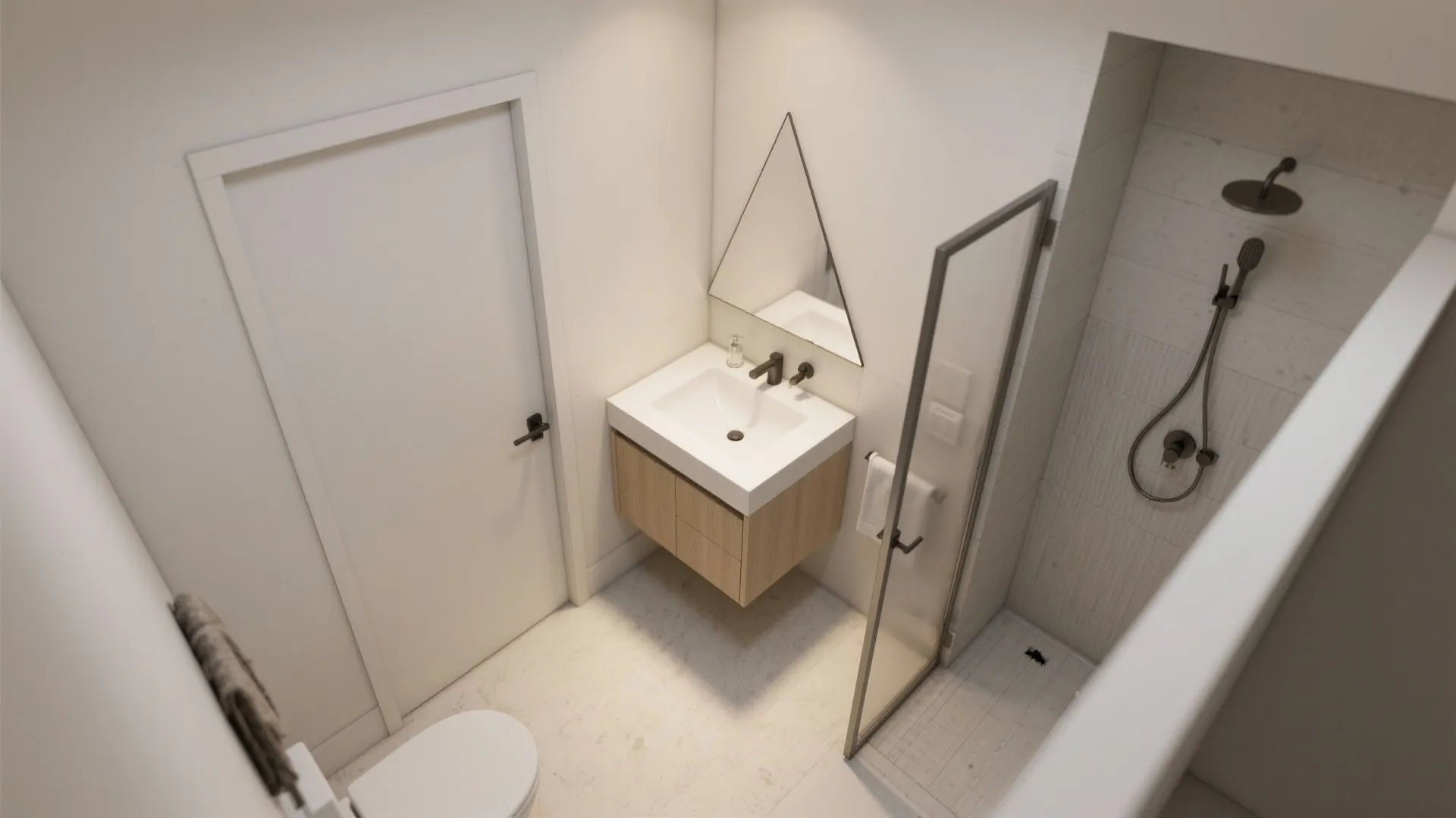 Corner-mounted vanity to unlock circulation