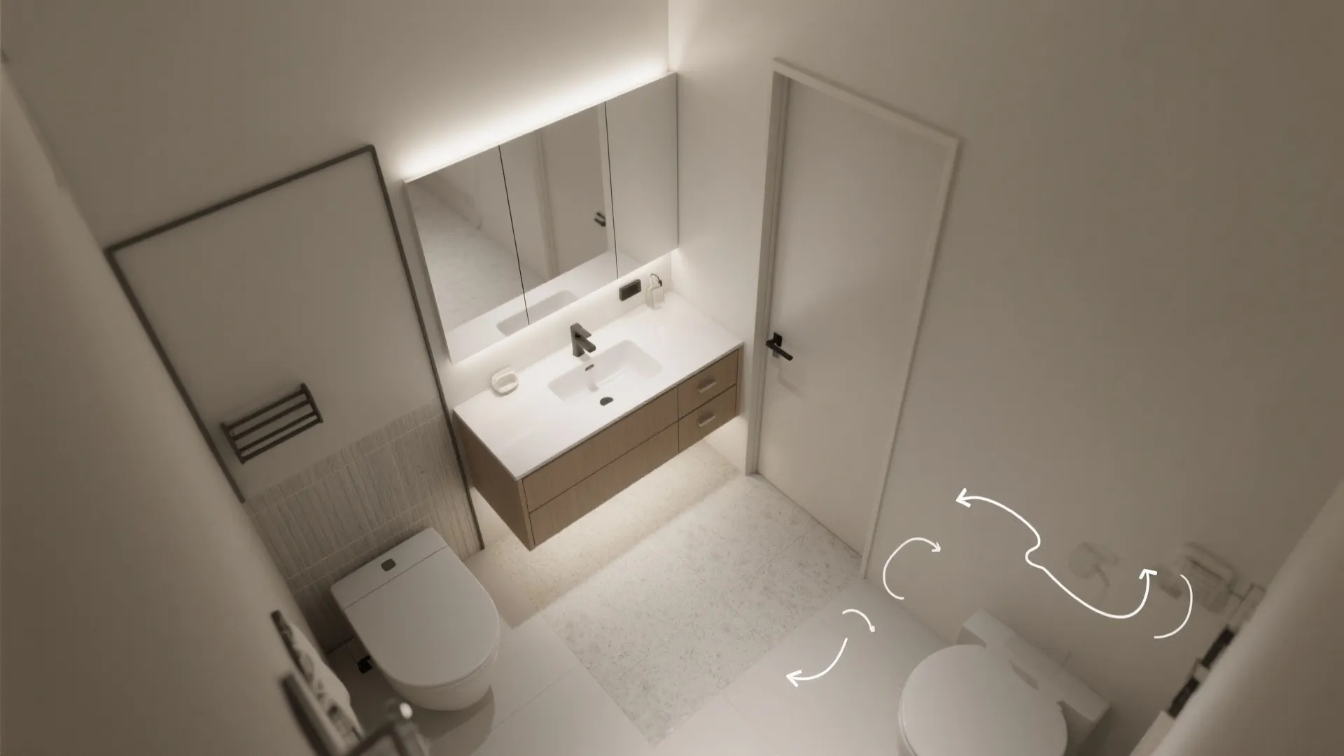 3) L-shaped corner vanity to open floor flow