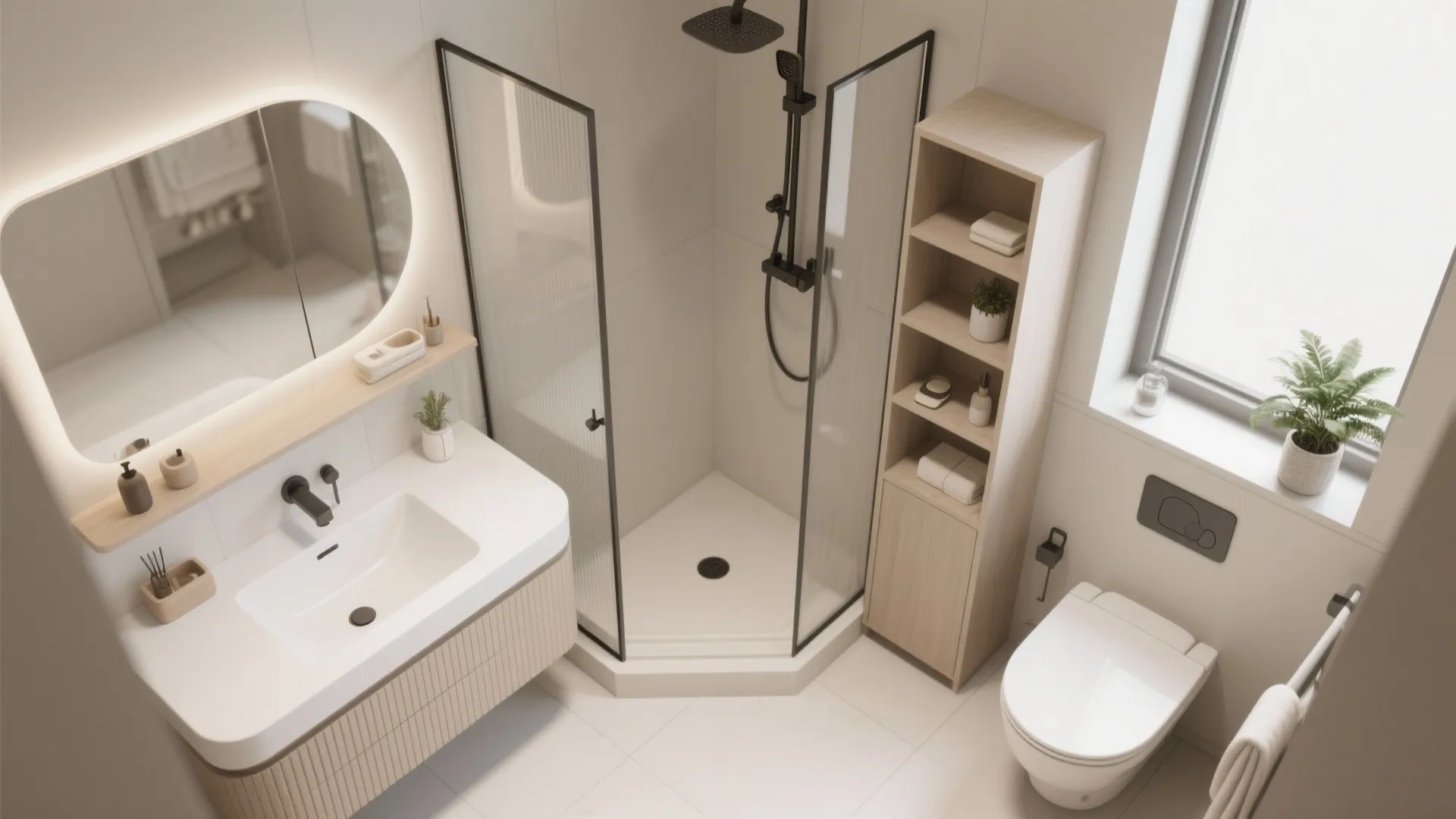 Top down view of small bathroom with corner shower glass door white toilet and cabinet