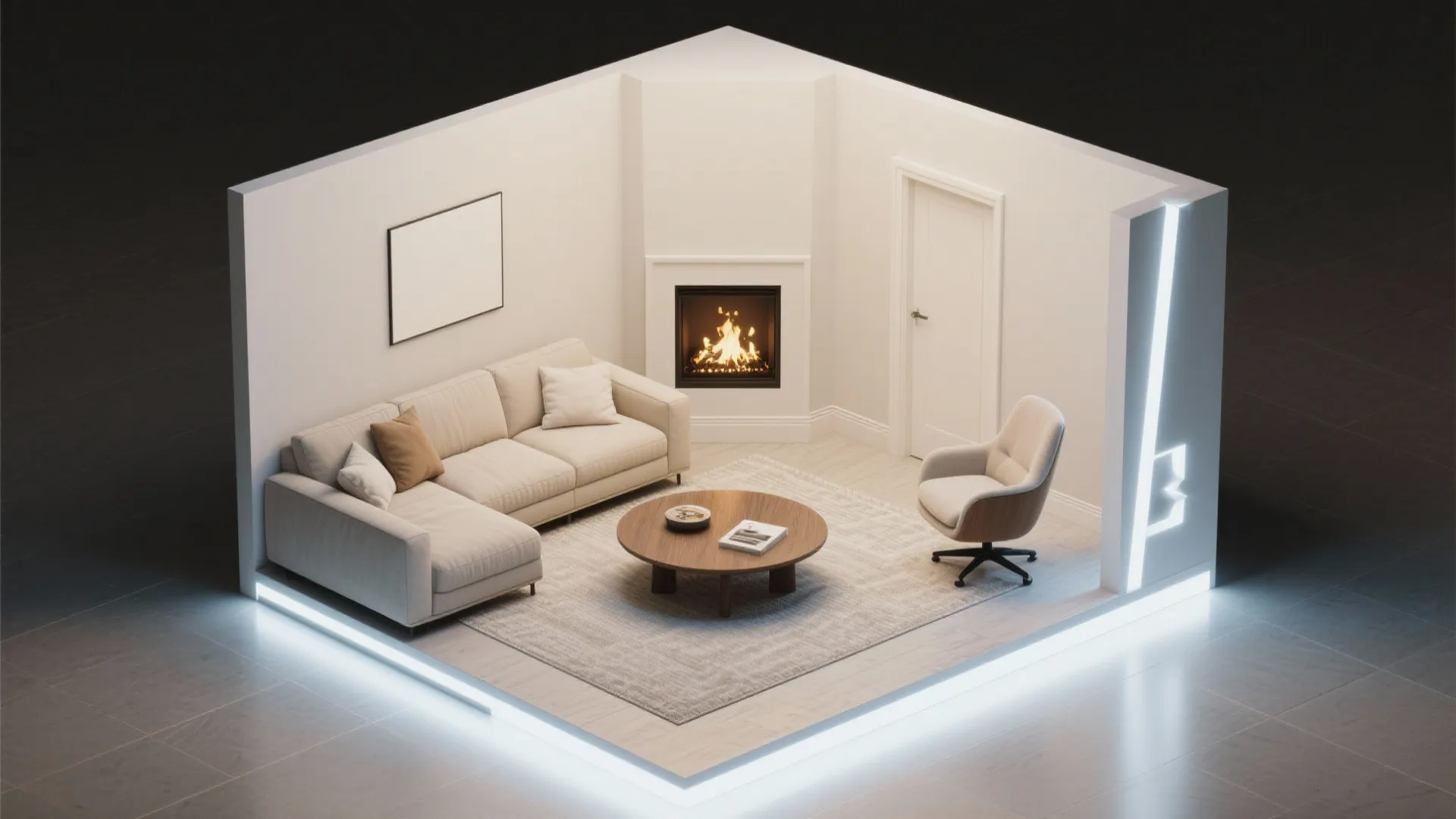 Corner fireplace + chaise swap for traffic flow