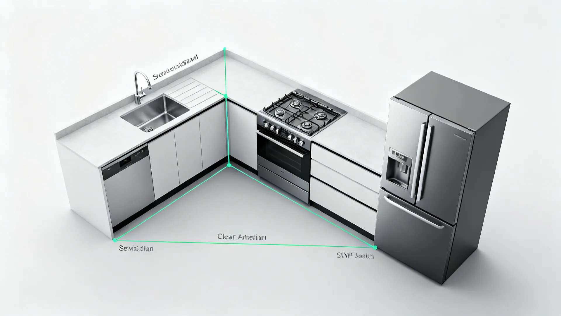 Top-down view of an L-shaped kitchen showing corner sink, work triangle, and faucet clearance.