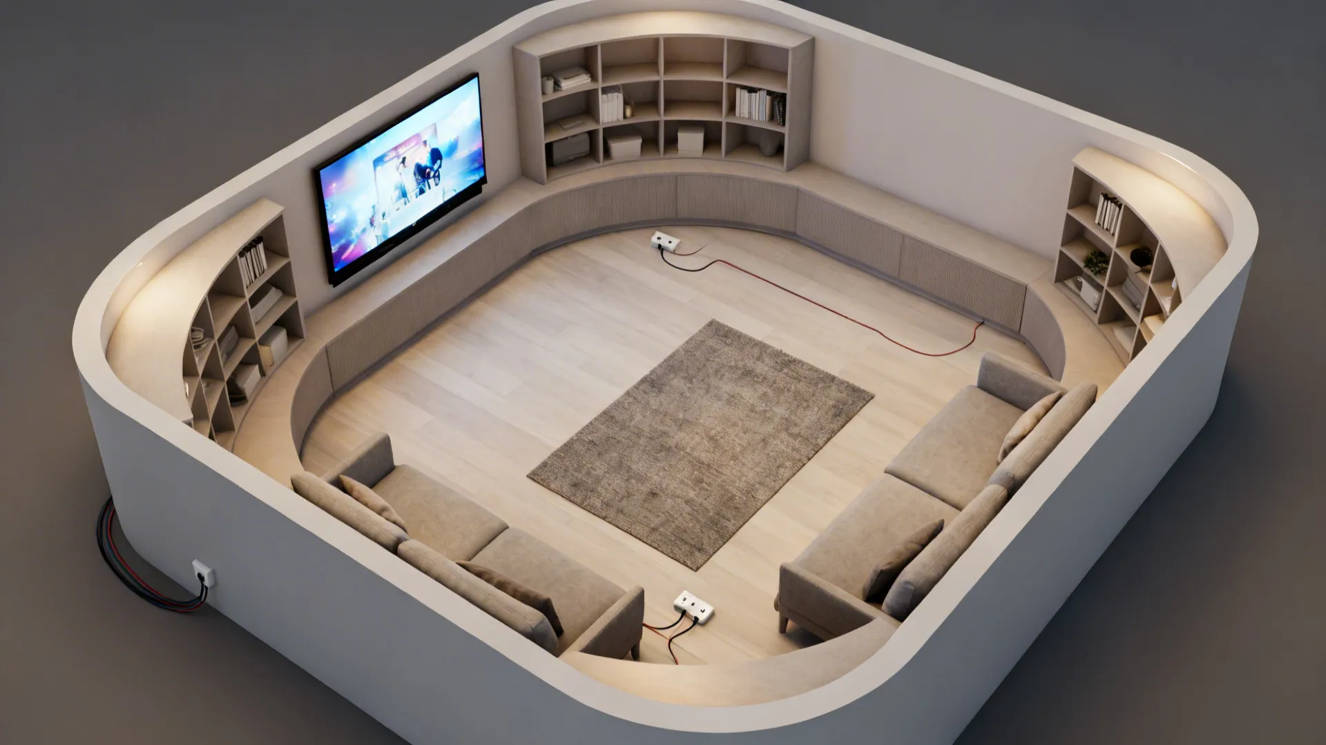 Top-down view showing corner TV rotation arc, seating sightlines, and wraparound storage layout.