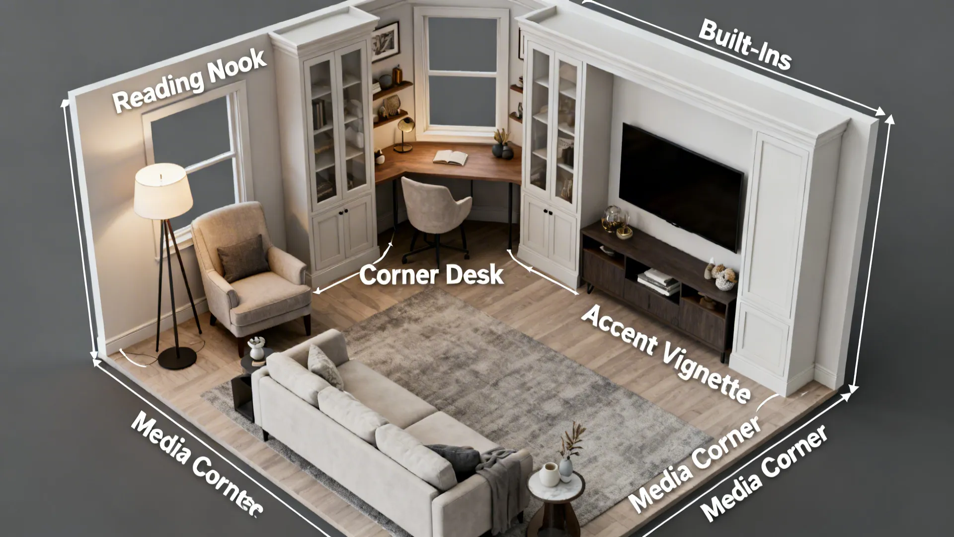 Top-down layout showing multiple corner treatment options in a small living room