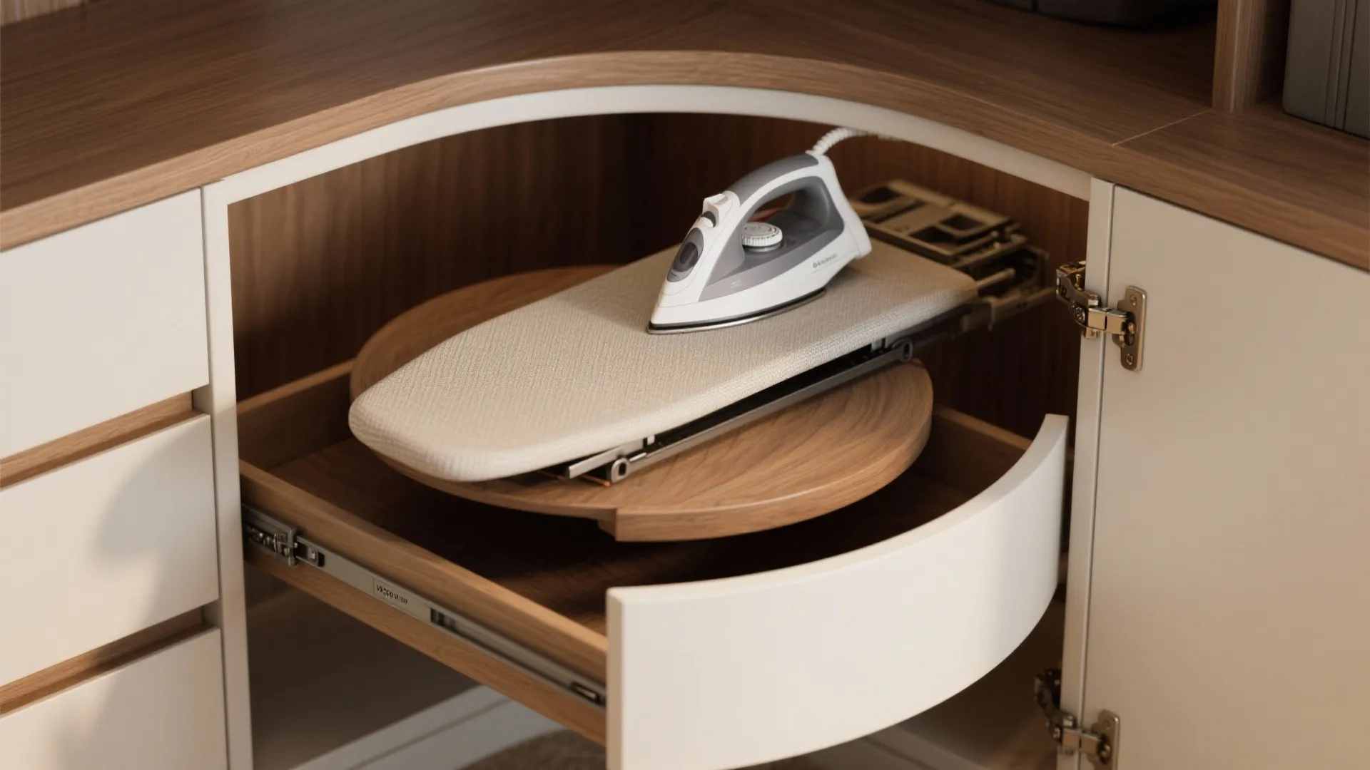 Pullout corner cabinet drawer with a rotating wooden shelf holding a small ironing board inside