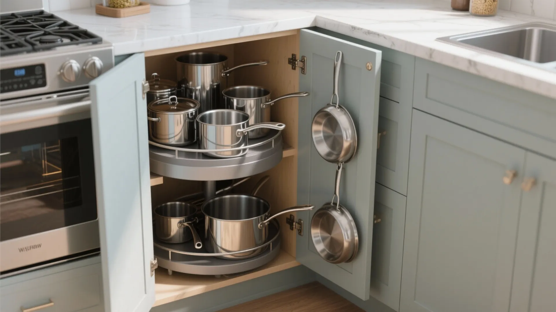 Corner kitchen cabinet with rotating shelves storing several metal pots and pans in organized way