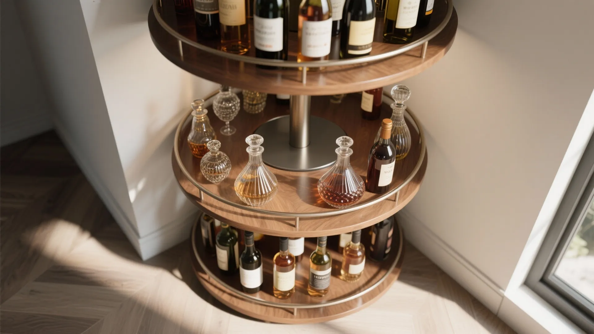 Three tier round wood rotating shelf unit holding various glass bottles and decorative liquor containers