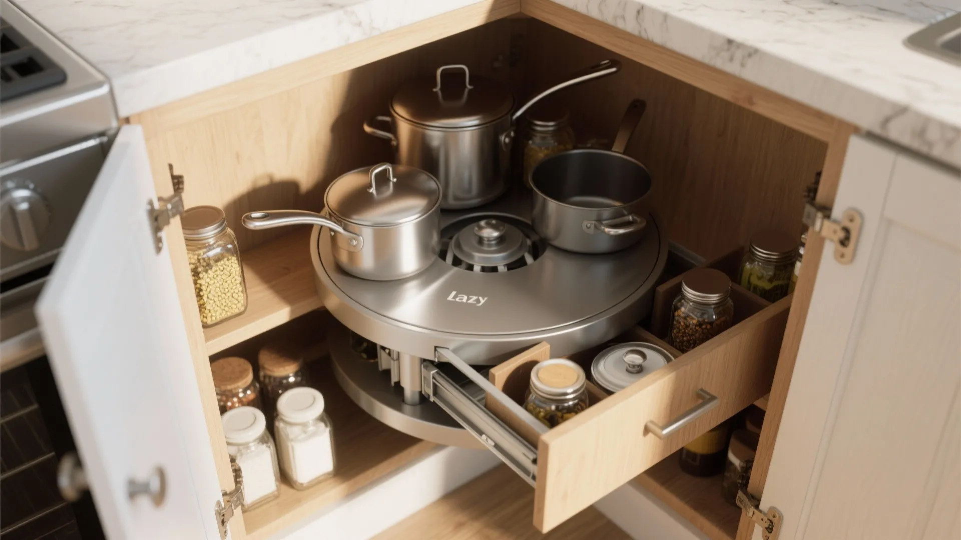 3. Use Corner Cabinets with Lazy Susans