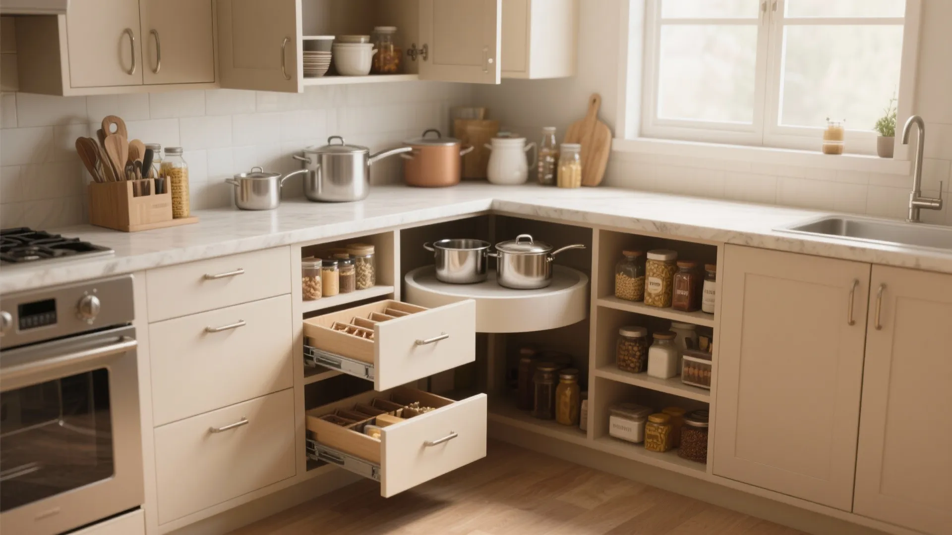 4. Corner Magic — L-shaped with Lazy Susan